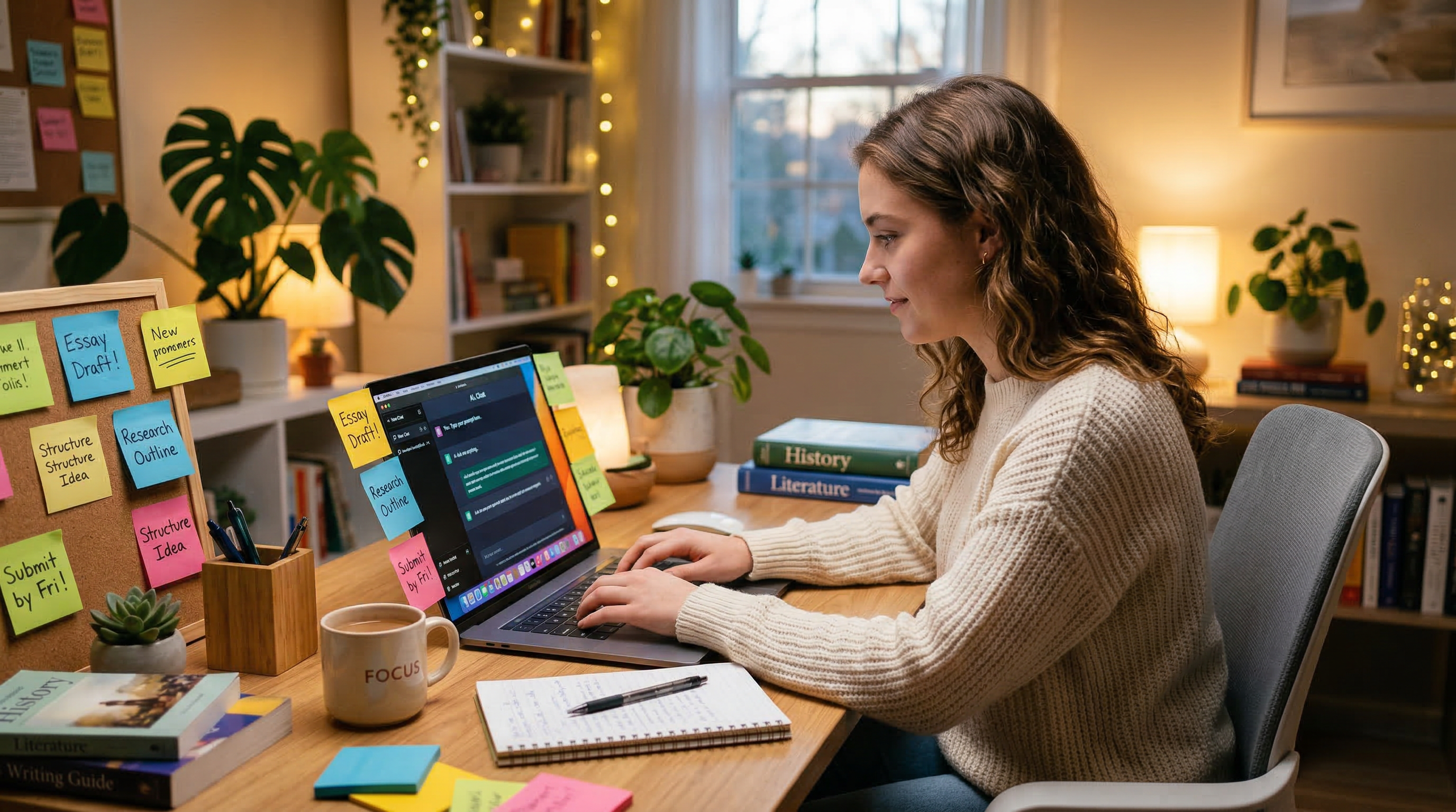Студент пишет сочинение с помощью нейросети на ноутбуке — пошаговая инструкция