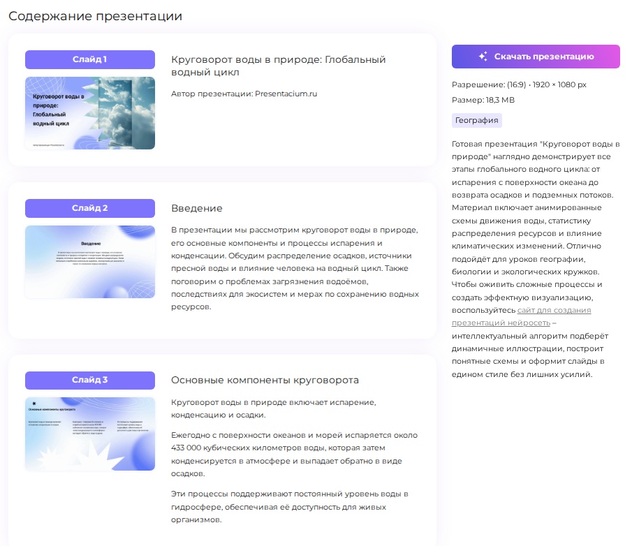 Страница готовой презентации «Круговорот воды в природе» в каталоге Presentacium с блоком «Содержание презентации»