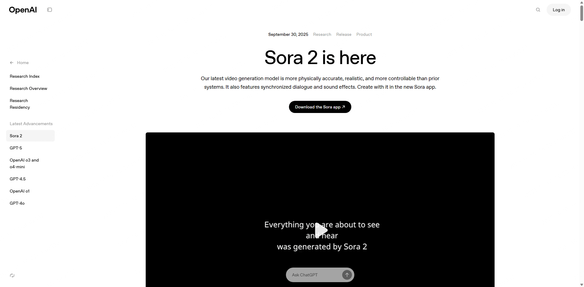 Страница Sora 2 на сайте OpenAI — анонс видеогенератора