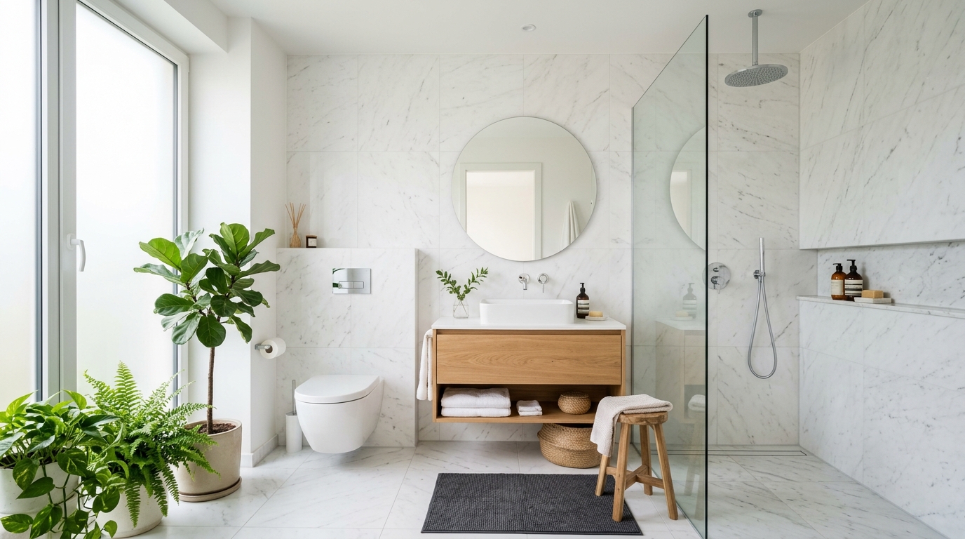 Современный совмещённый санузел с душевой зоной и подвесным унитазом