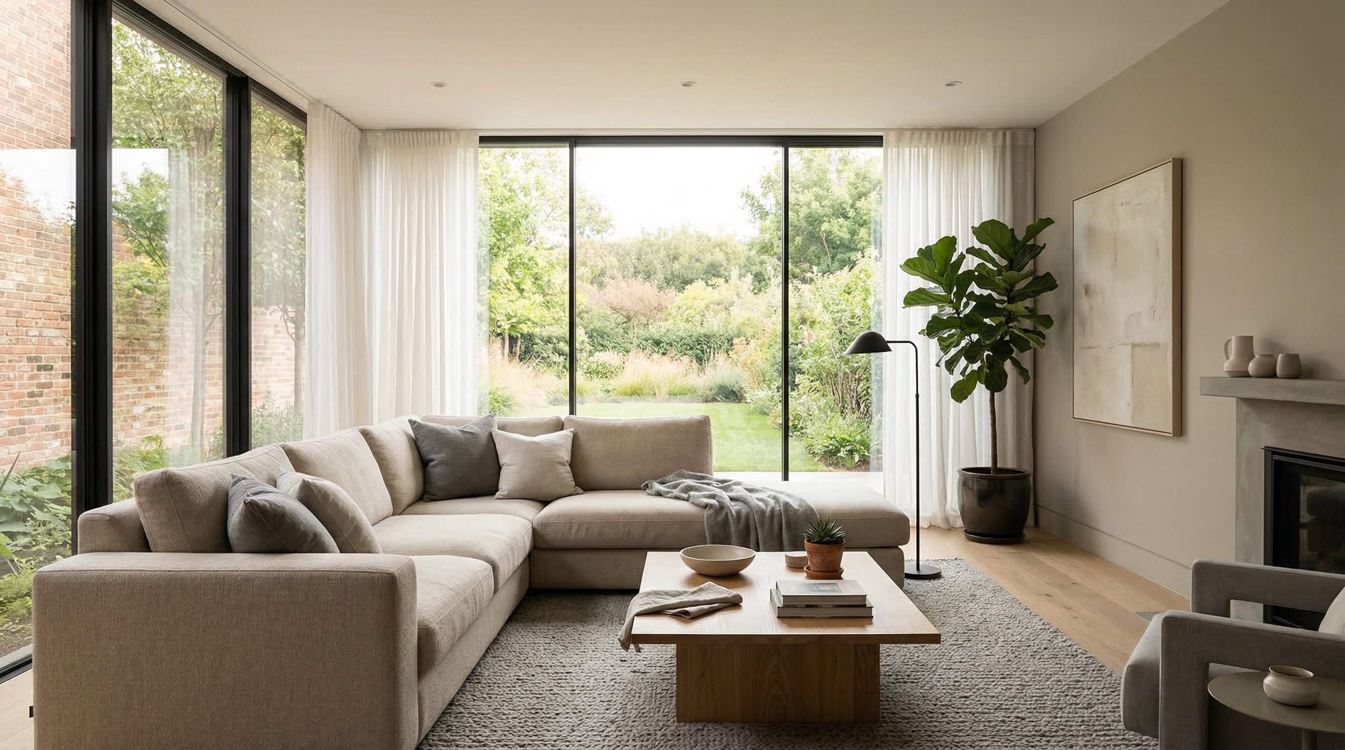 Гостиная в современном стиле — нейтральные тона, угловой диван, панорамные окна