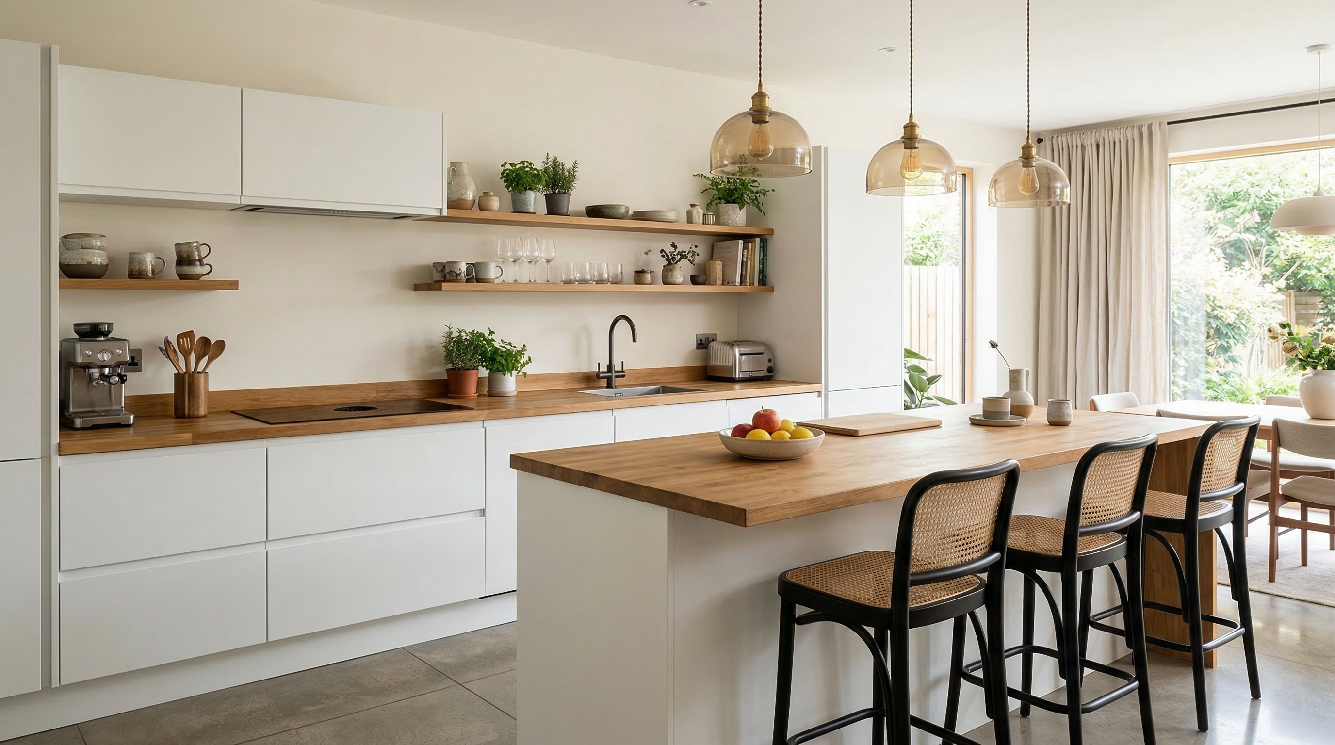 Кухня в современном стиле — белые фасады без ручек, деревянная столешница, остров с барными стульями
