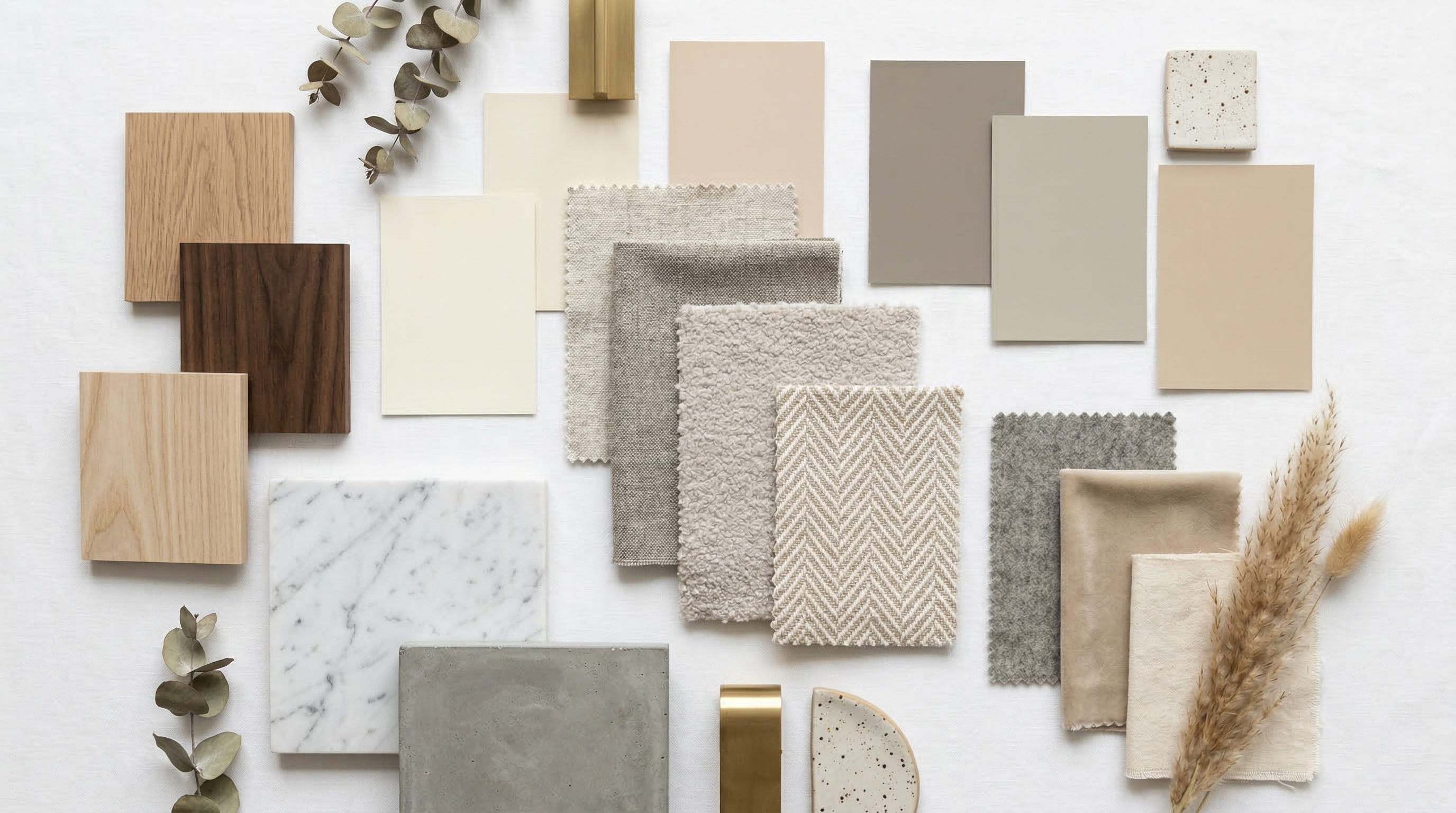 Мудборд с образцами материалов и цветов для современного интерьера
