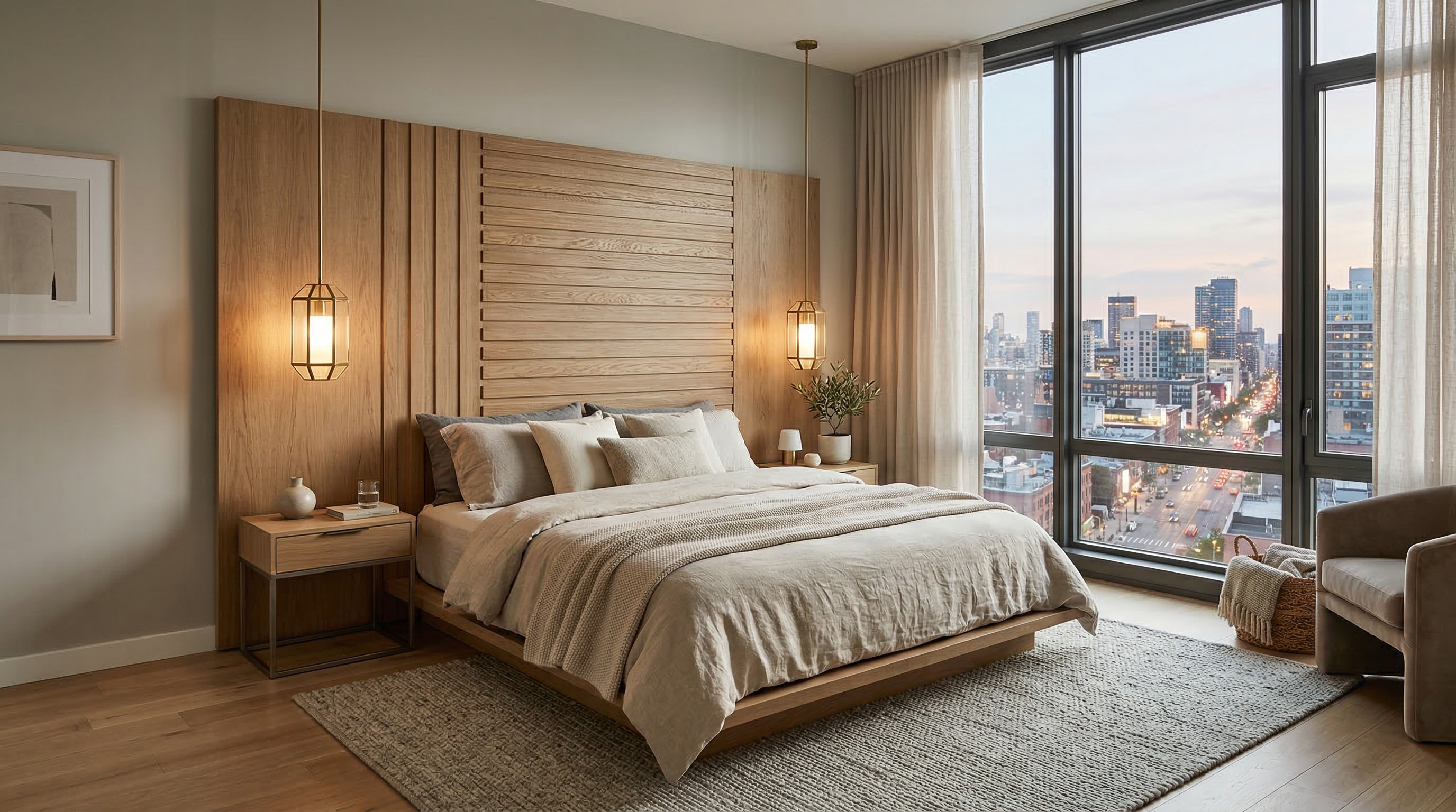Спальня в современном стиле — деревянное изголовье, подвесные светильники, панорамное окно