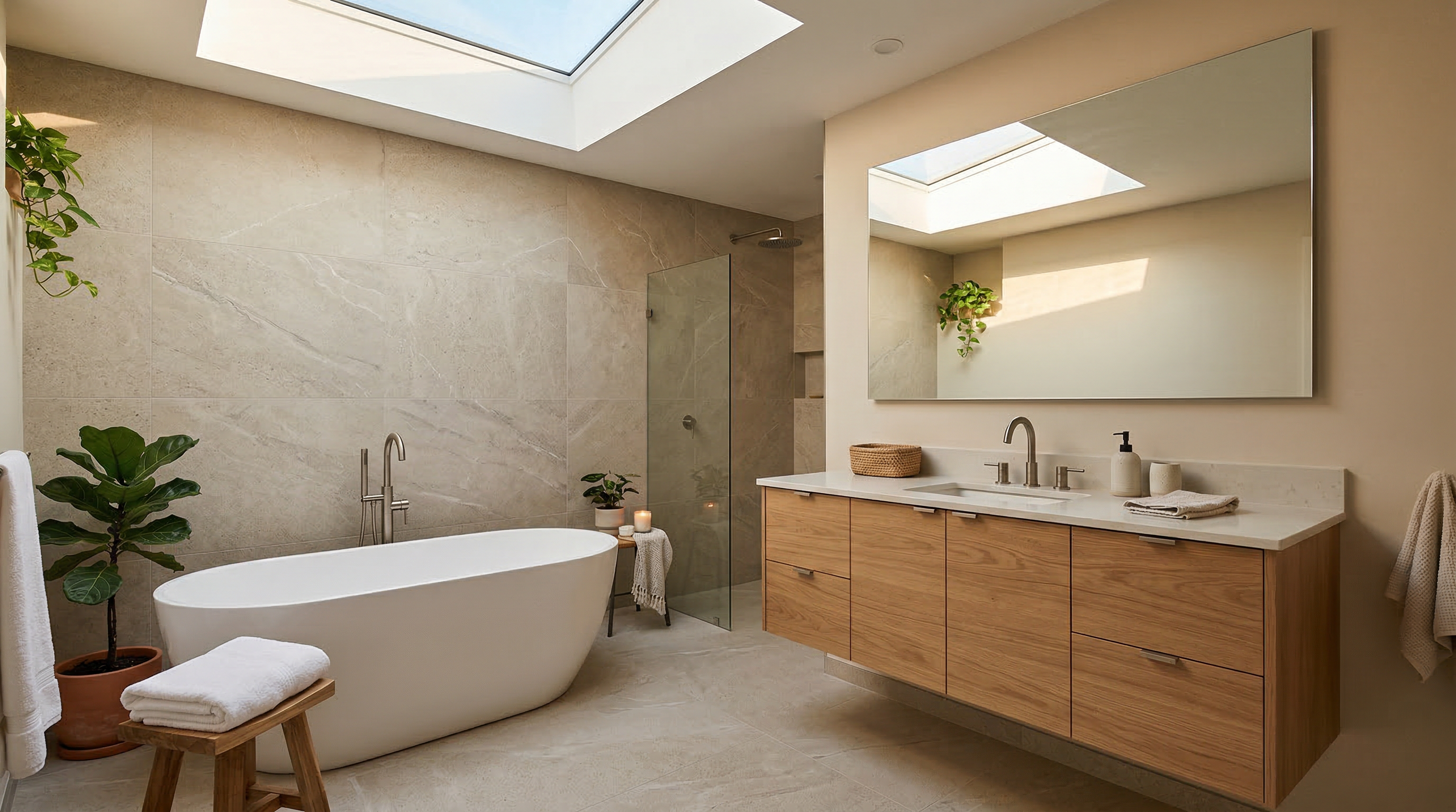 Ванная комната в современном стиле — отдельностоящая ванна, крупная плитка, деревянная тумба