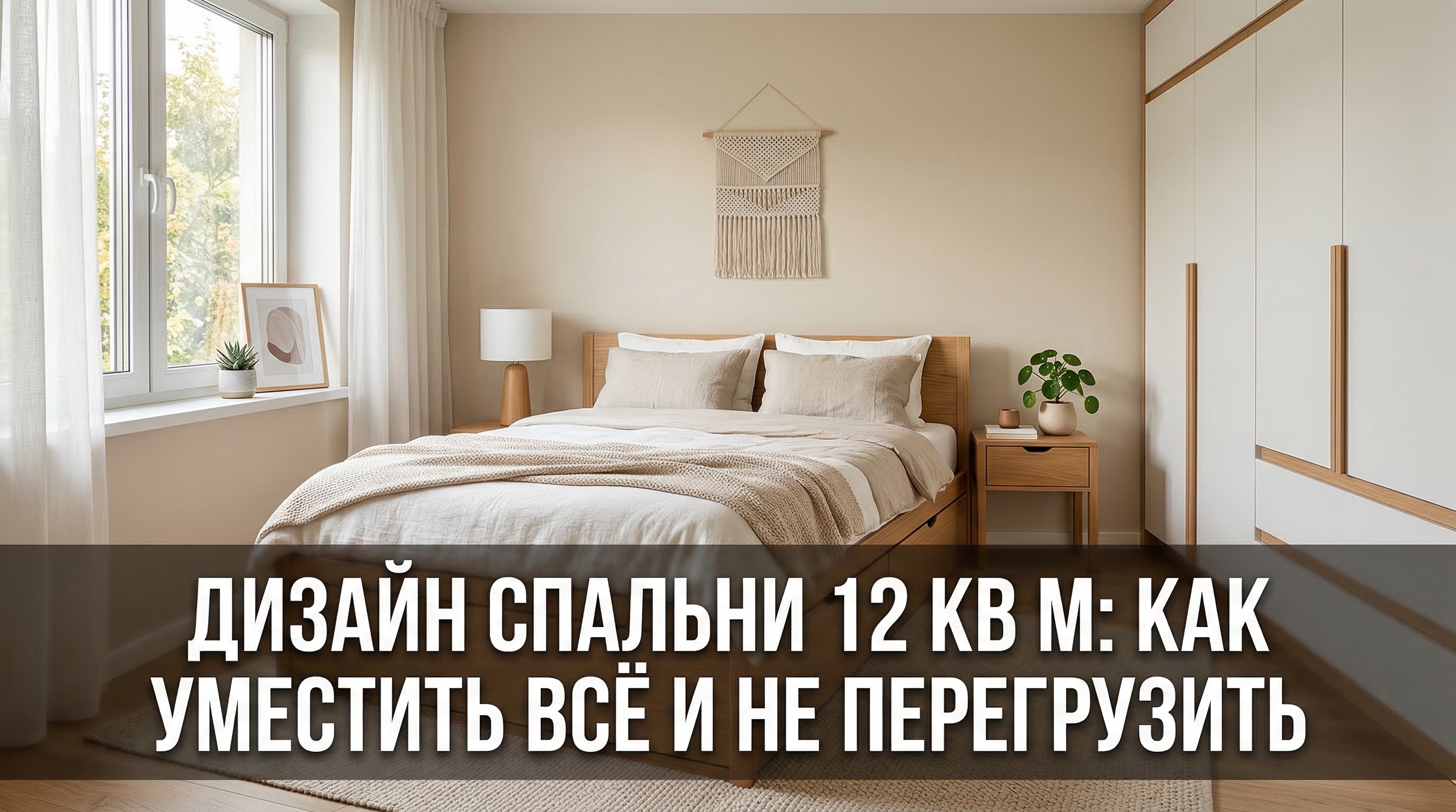 Дизайн спальни 12 кв м — уютная комната в светлых тонах с двуспальной кроватью и встроенным шкафом
