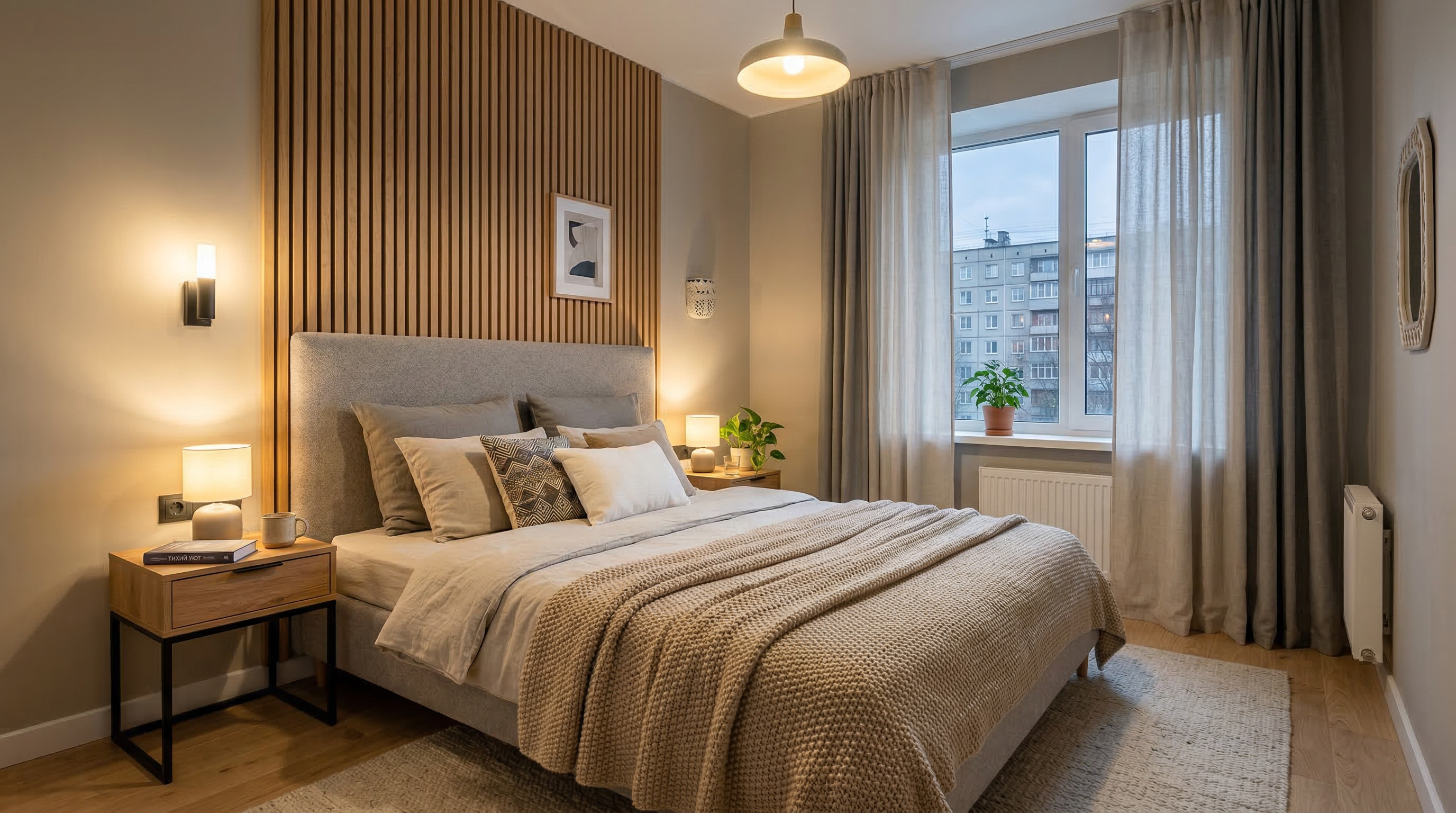 Акцентная стена за изголовьем — деревянные рейки и мягкое изголовье