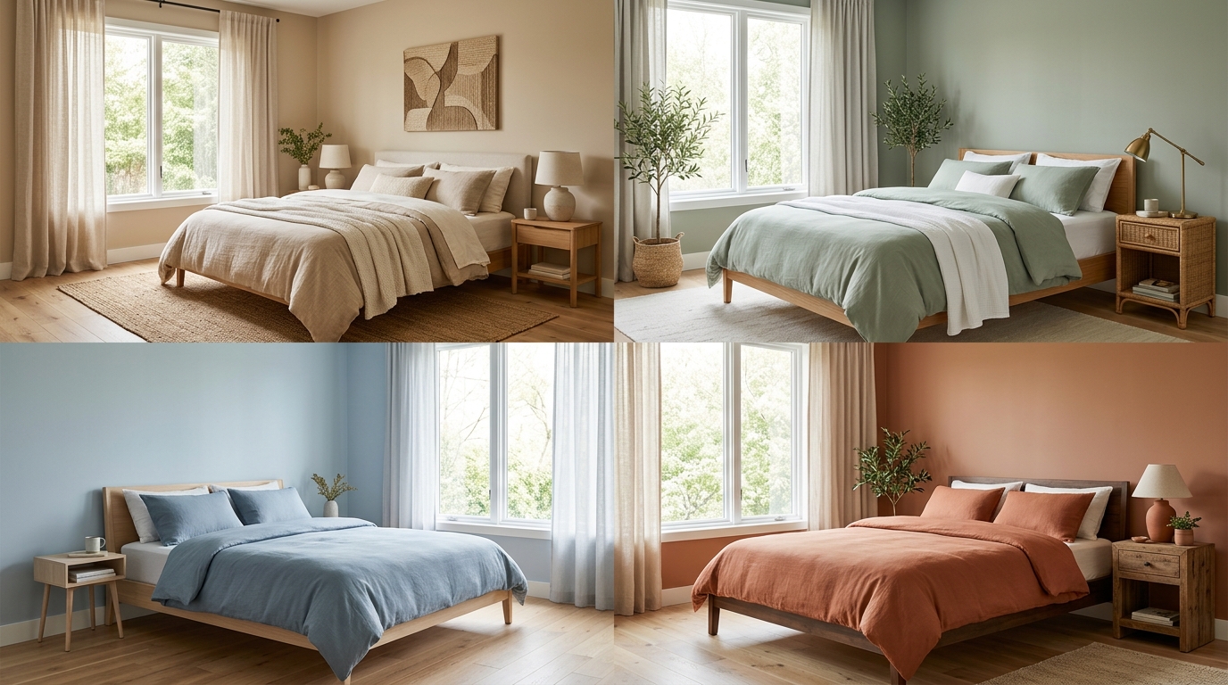 Четыре варианта цветовой палитры для современной спальни: бежевый, шалфейный, голубой, терракотовый