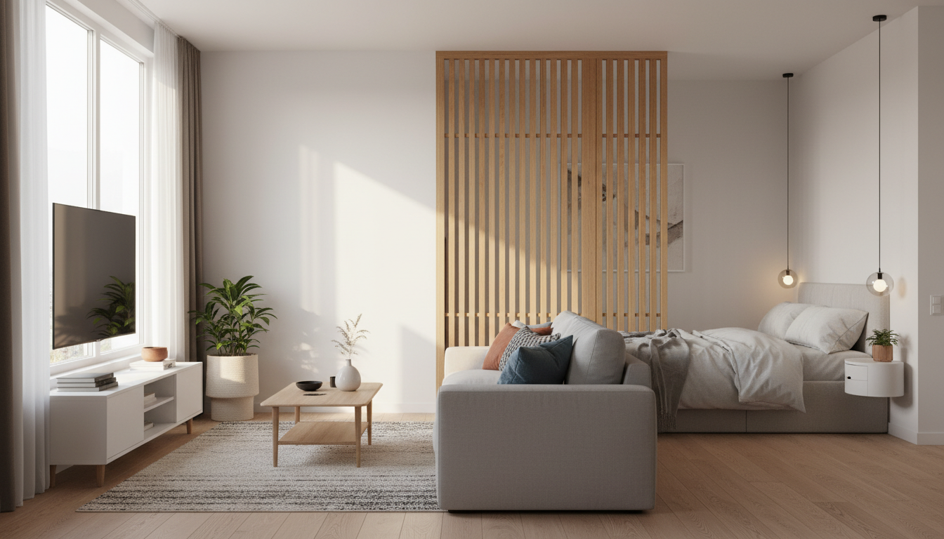 Совмещённая спальня-гостиная 18 кв. м с реечной перегородкой