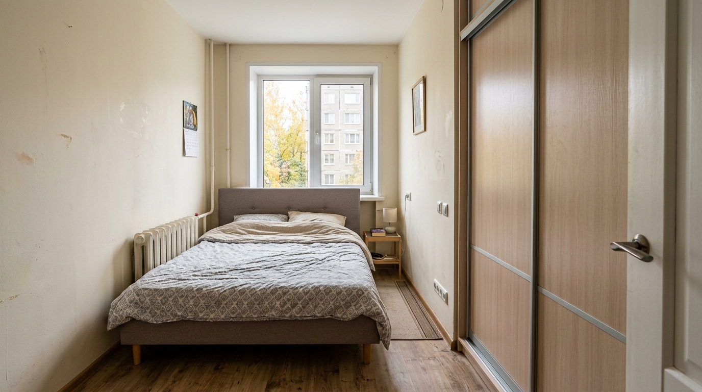 Планировка спальни 10 кв м: кровать и шкаф-купе до потолка у двери