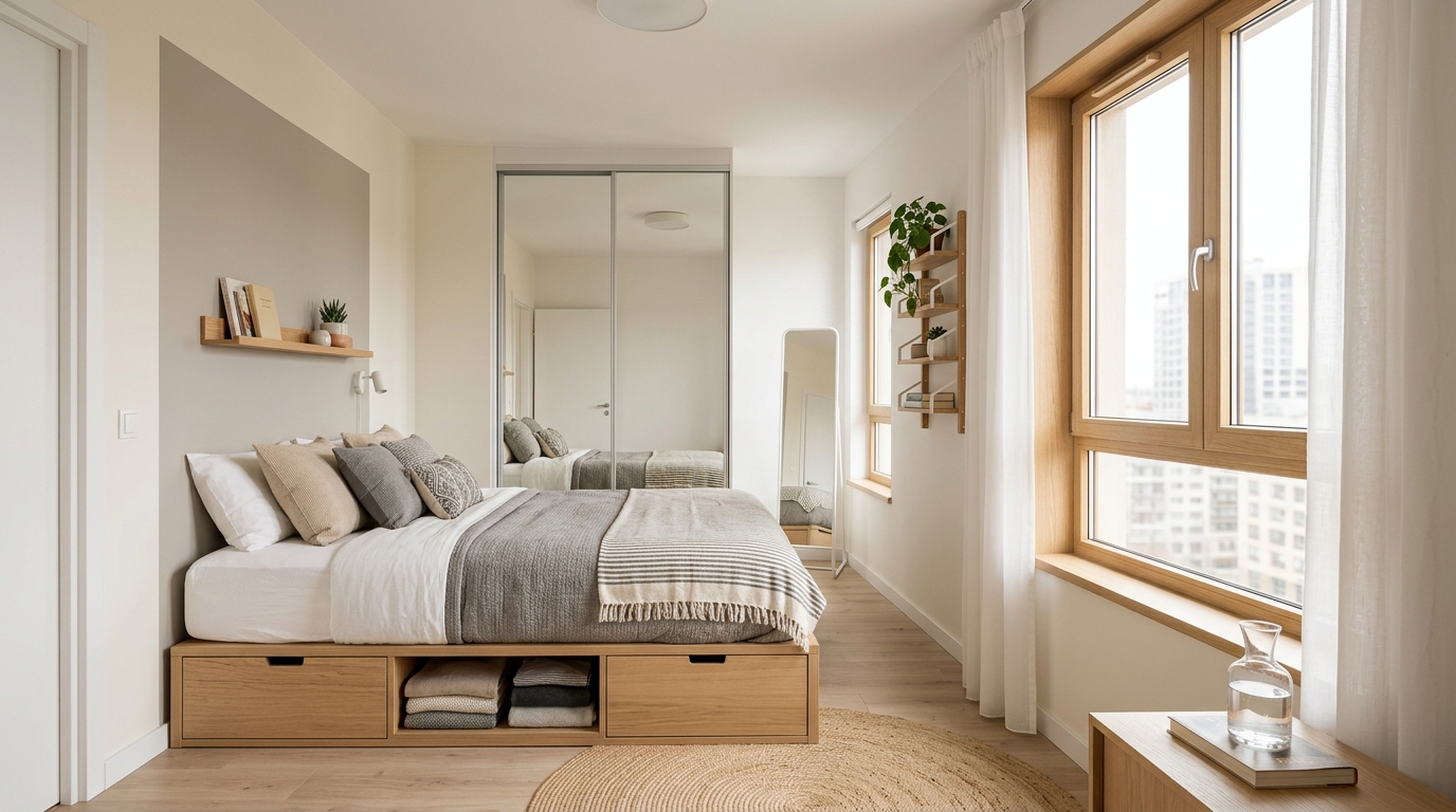 Компактная спальня 12 кв. м в светлых тонах со встроенным хранением и зеркальным шкафом