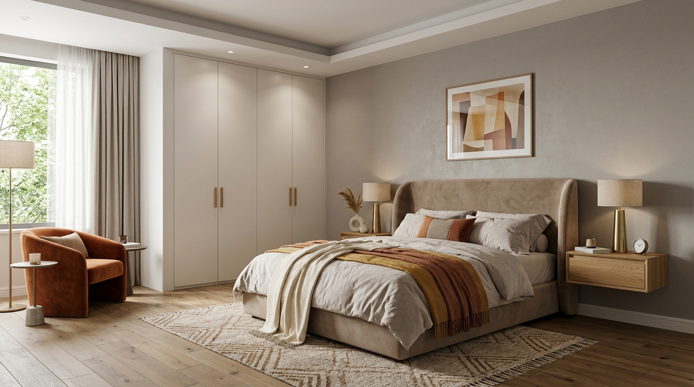 Современная спальня со встроенным шкафом, мягким изголовьем и парящими тумбами