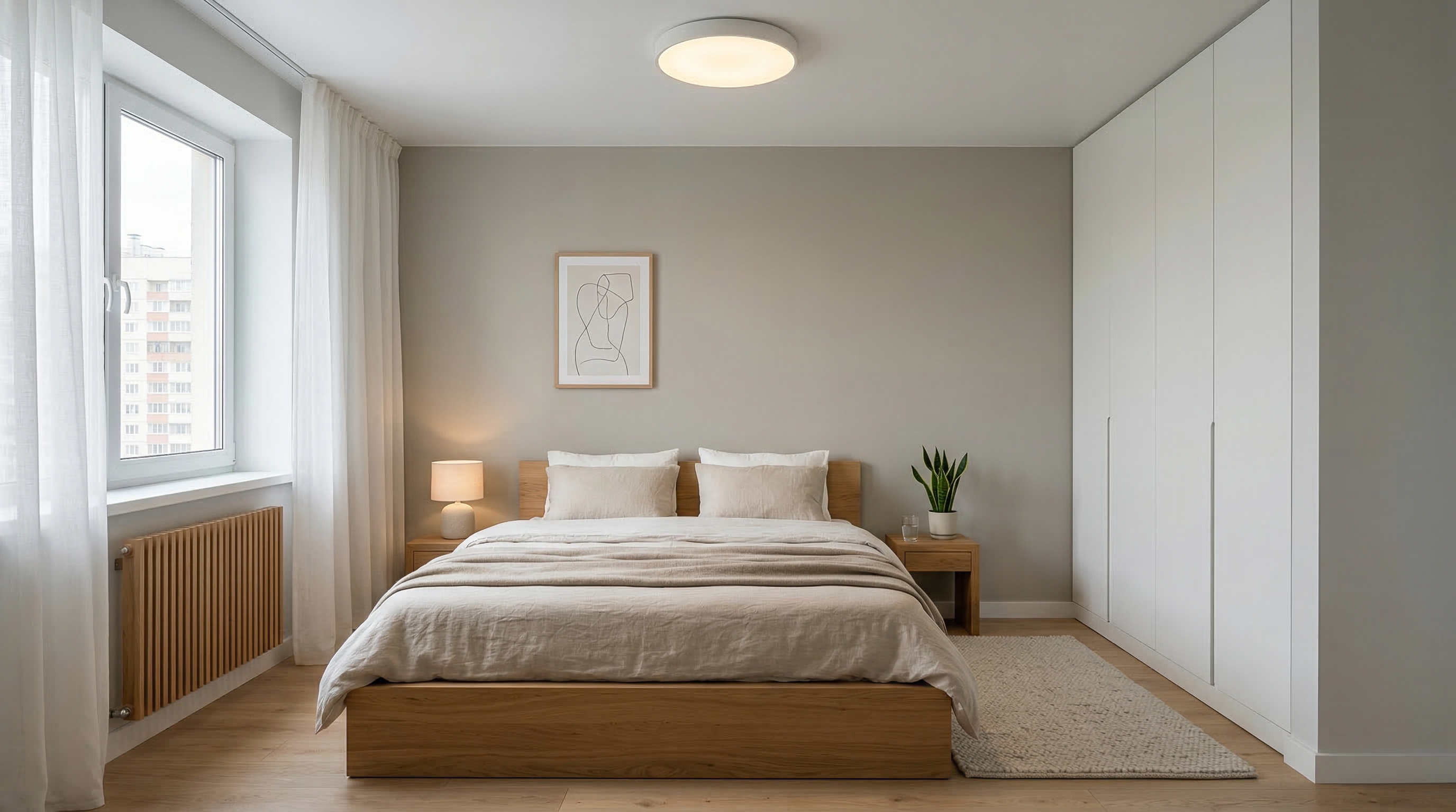 Спальня в стиле минимализм — платформенная кровать, встроенный шкаф и приглушённый свет