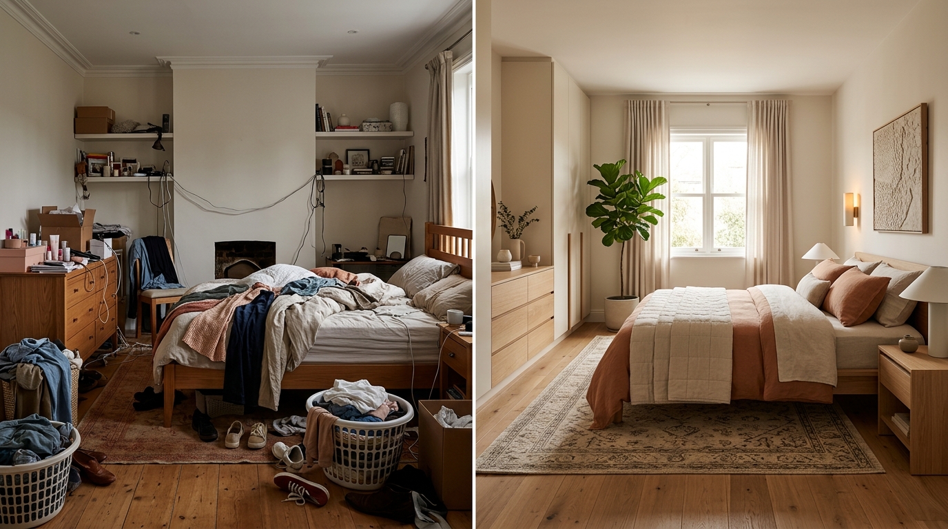 Сравнение: захламлённая спальня и чистый минималистичный интерьер