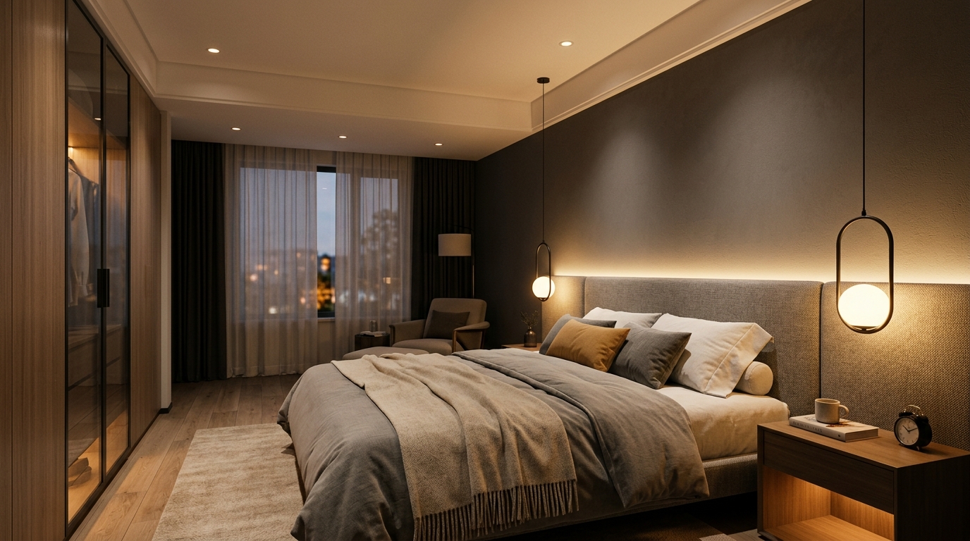Вечерняя спальня с многоуровневым освещением: LED-подсветка за изголовьем, подвесные светильники, точечные споты