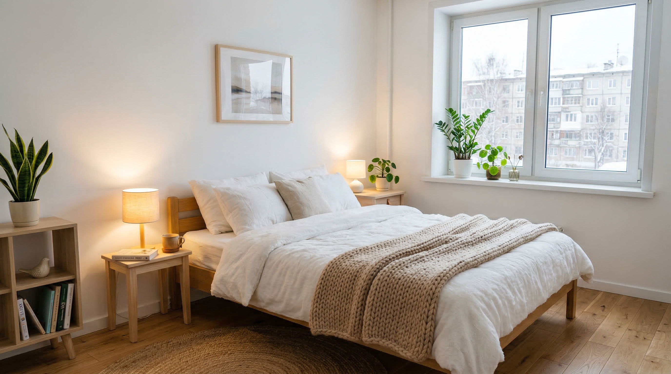 Спальня в скандинавском стиле — белые стены, светлое дерево и вязаный плед