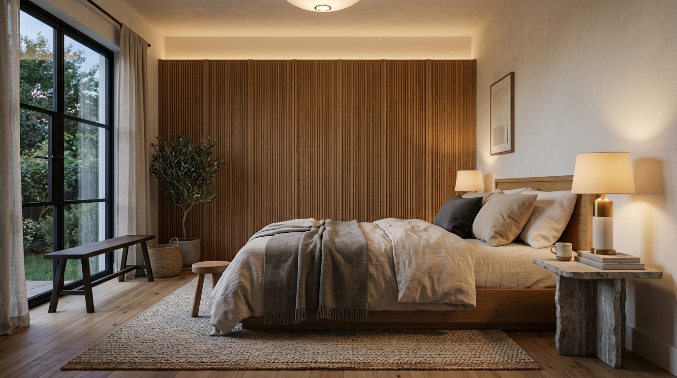 Спальня в стиле джапанди с деревянными рейками за кроватью, льняным бельём и каменной тумбой