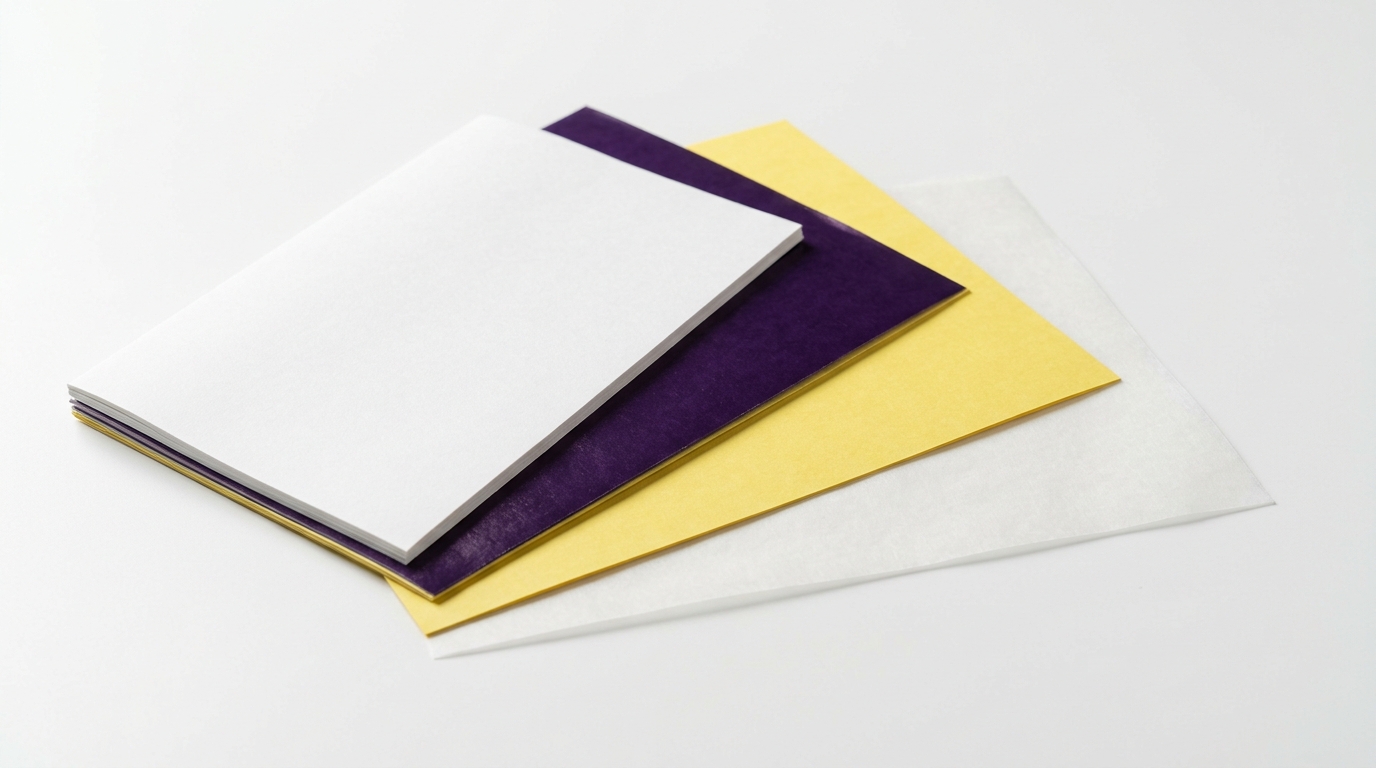 Четырёхслойная термобумага Spirit Classic в разобранном виде — слои белый, фиолетовый углерод, жёлтый и калька