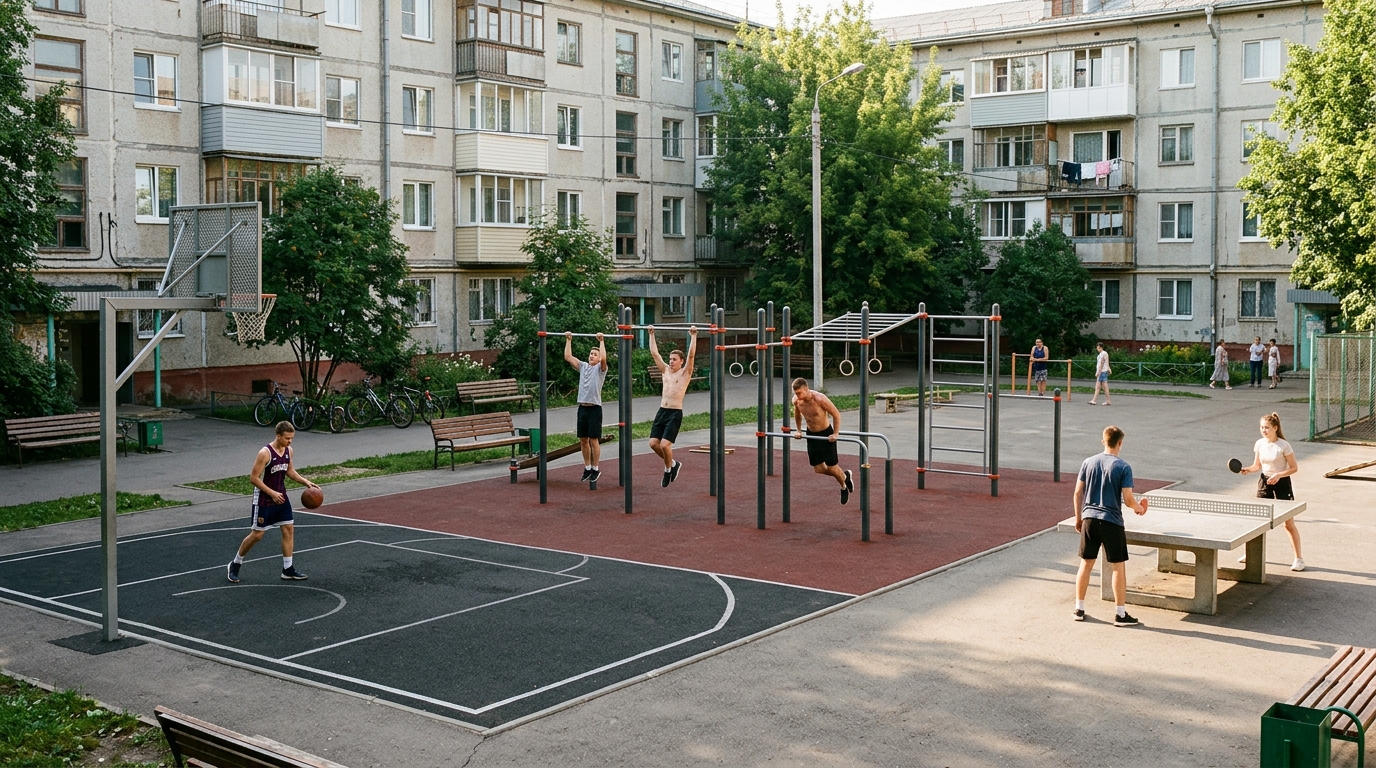 Спортивный двор: воркаут-зона и баскетбольная площадка