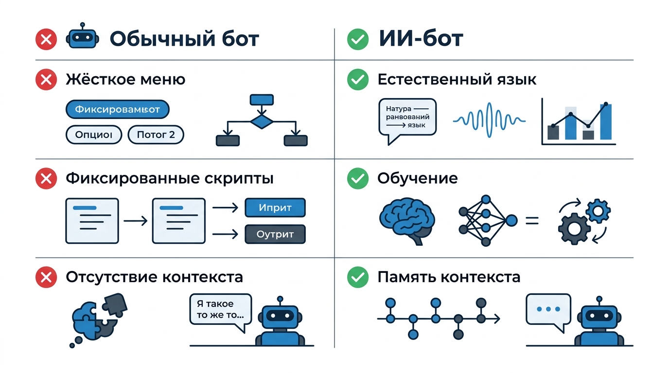 Инфографика: сравнение обычного бота и ИИ-бота по ключевым параметрам