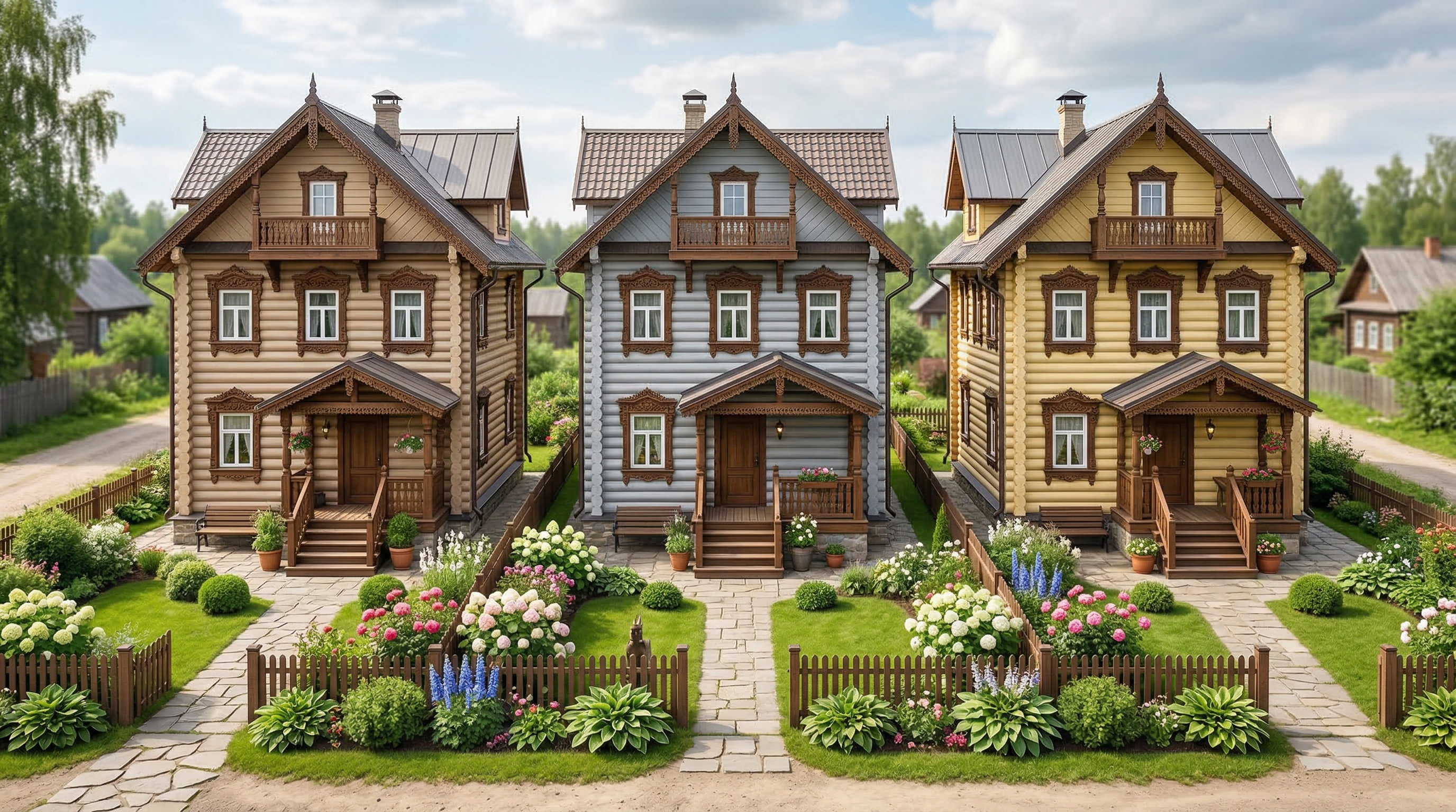 Сравнение цветов фасада — три дома в разных оттенках