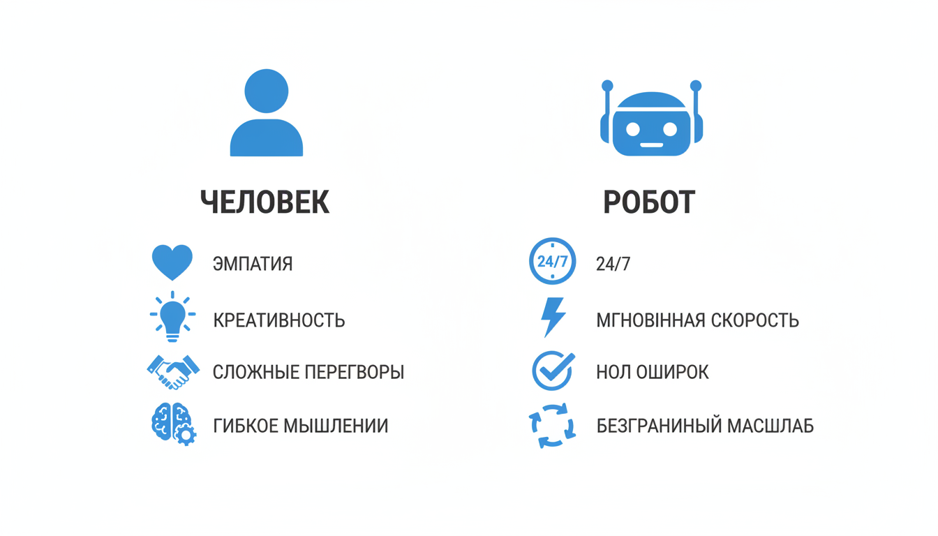 Инфографика: сравнение сильных сторон живого менеджера и ИИ-робота