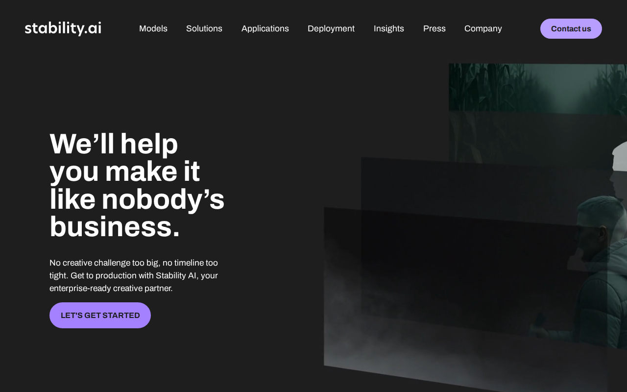 Скриншот главной страницы Stability AI — разработчики Stable Diffusion