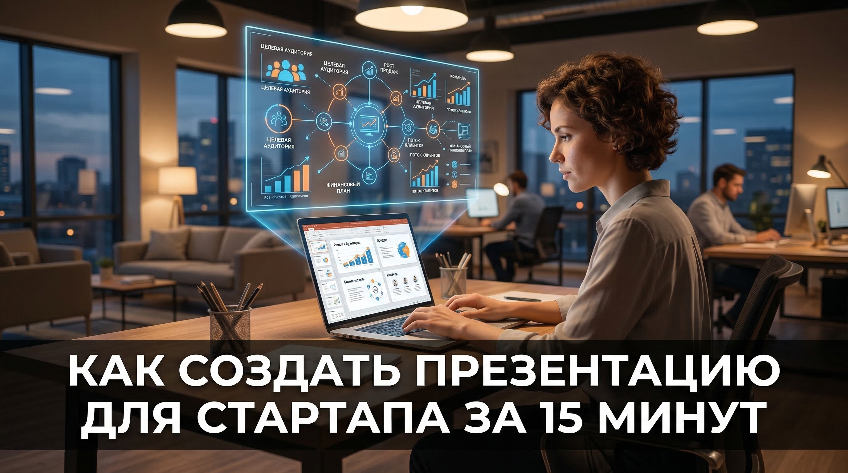 Как создать презентацию для стартапа за 15 минут — девушка работает над pitch deck в офисе