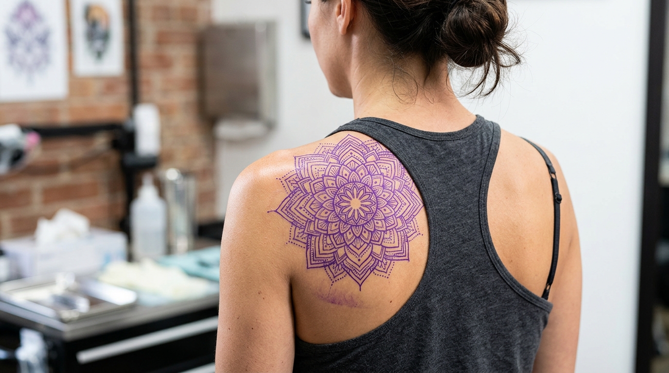 Крупный трафарет мандалы на спине и плече — подготовка к большой тату