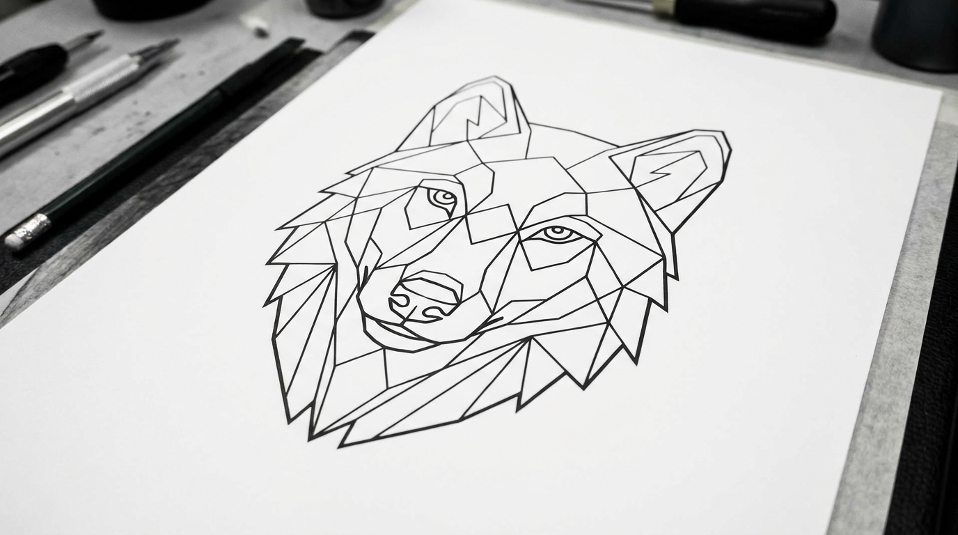Чёрный контурный трафарет тату на белом фоне — геометрический волк