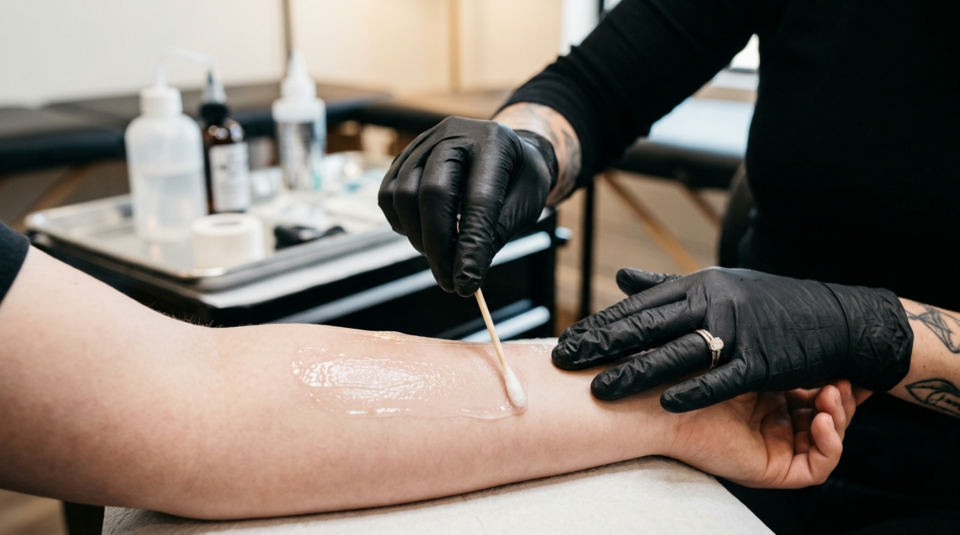 Тату-мастер наносит трансферный гель на предплечье перед переносом трафарета