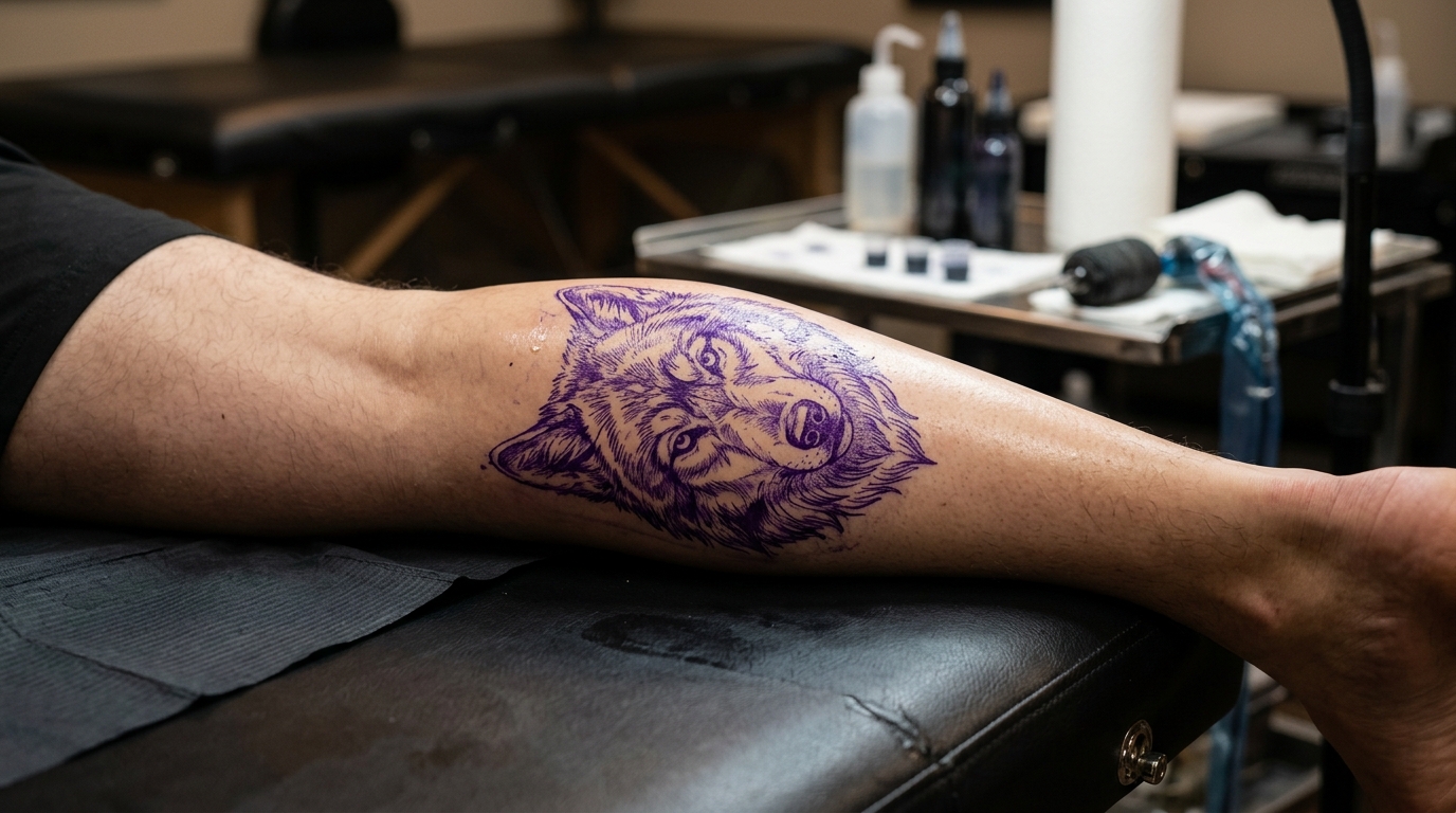 Фиолетовый трафарет волка на икре ноги — готовность к сеансу тату