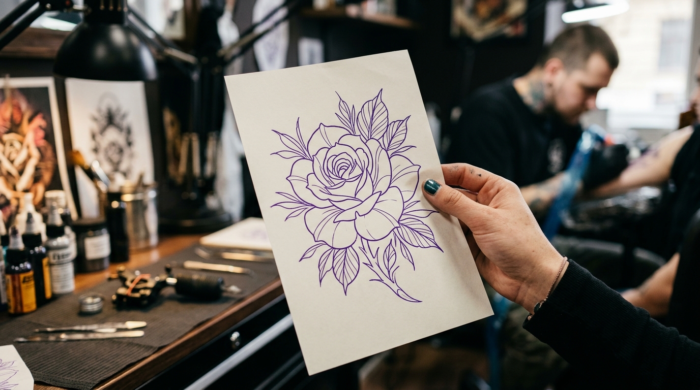 Готовый трафарет розы на фиолетовой термобумаге — проверка перед переносом на кожу