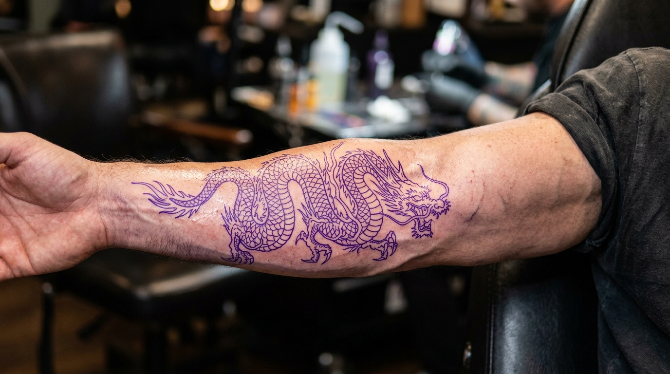 Фиолетовый трафарет дракона на предплечье — готов к нанесению тату