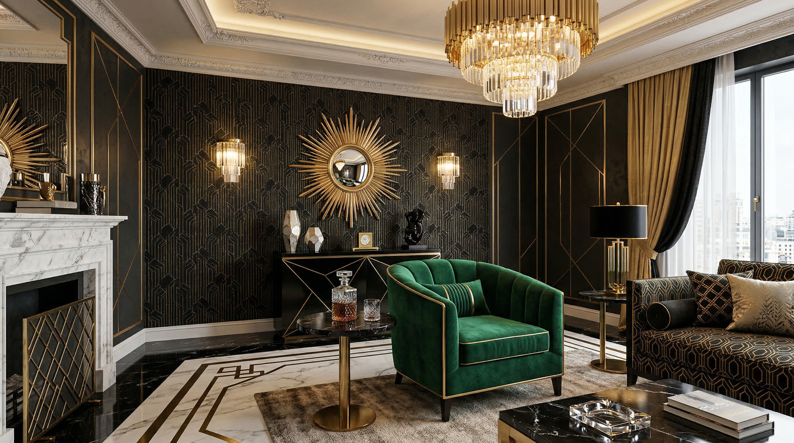 Гостиная в стиле ар-деко — геометрические узоры, золото и чёрный, бархат, мрамор