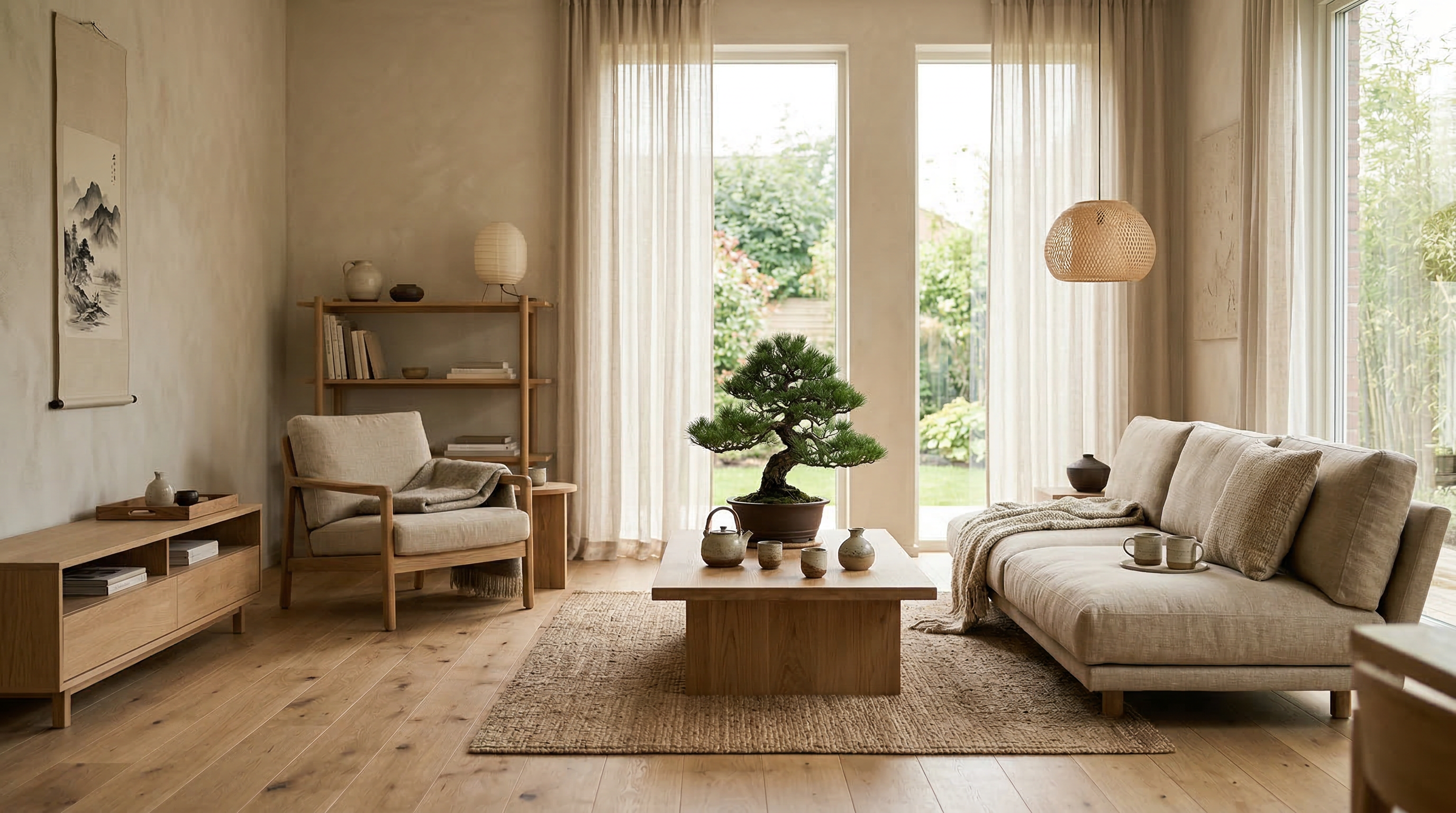 Гостиная в стиле джапанди — низкая мебель, нейтральные тона, керамика ваби-саби