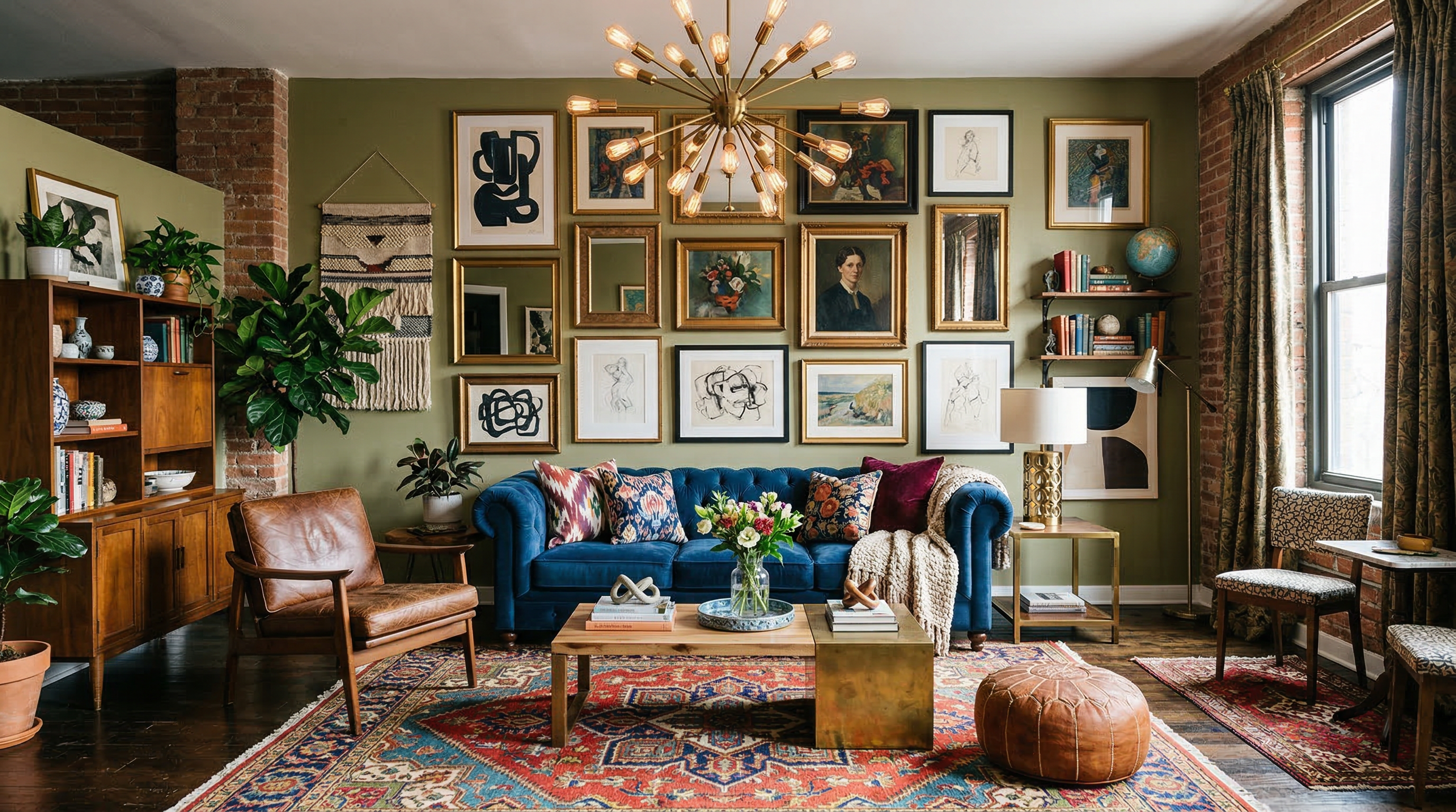 Гостиная в стиле эклектика — микс винтажной и современной мебели, яркий ковёр, галерея на стене