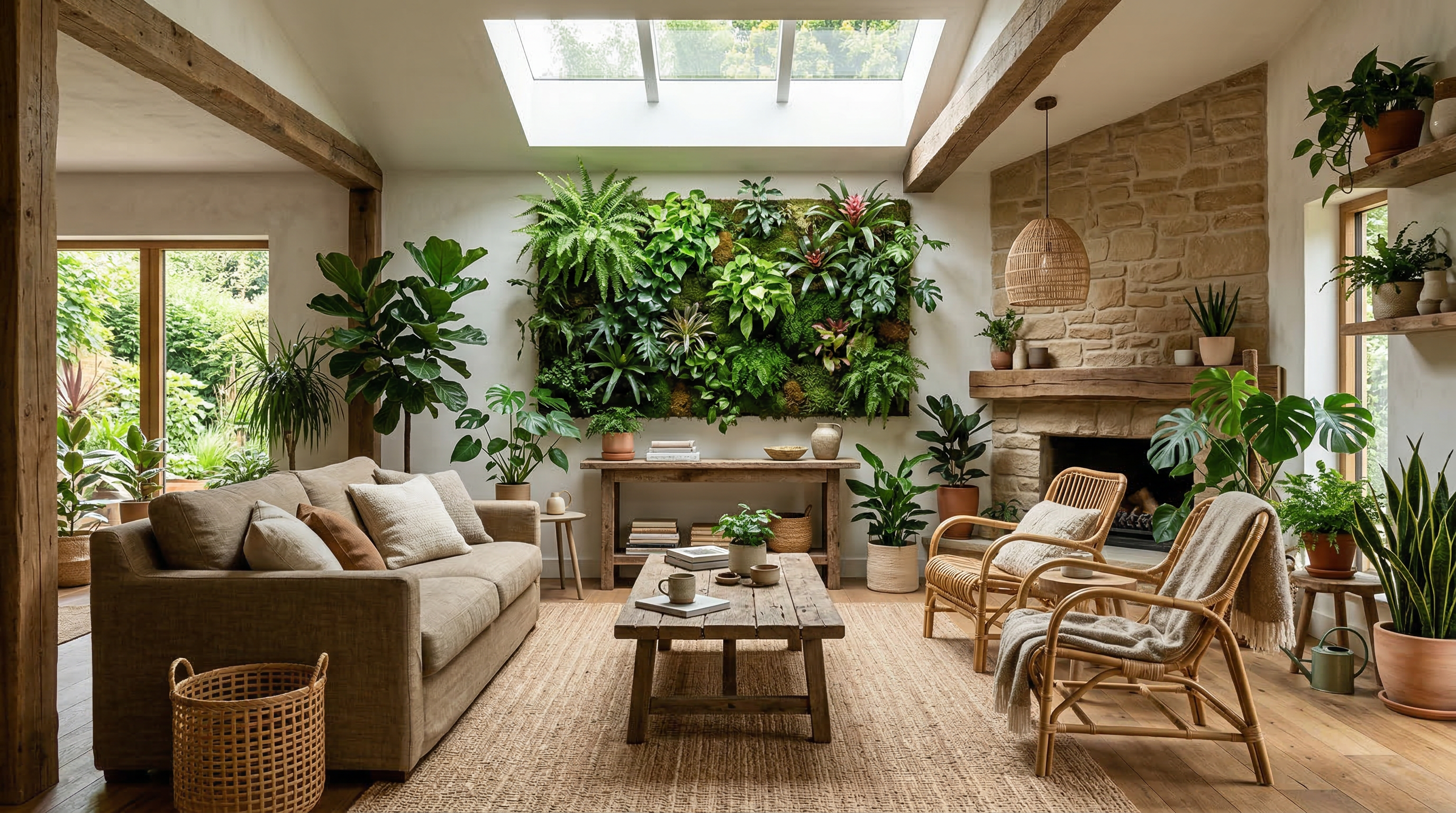Гостиная в экостиле — живая стена из растений, деревянная мебель, ротанг, природные тона