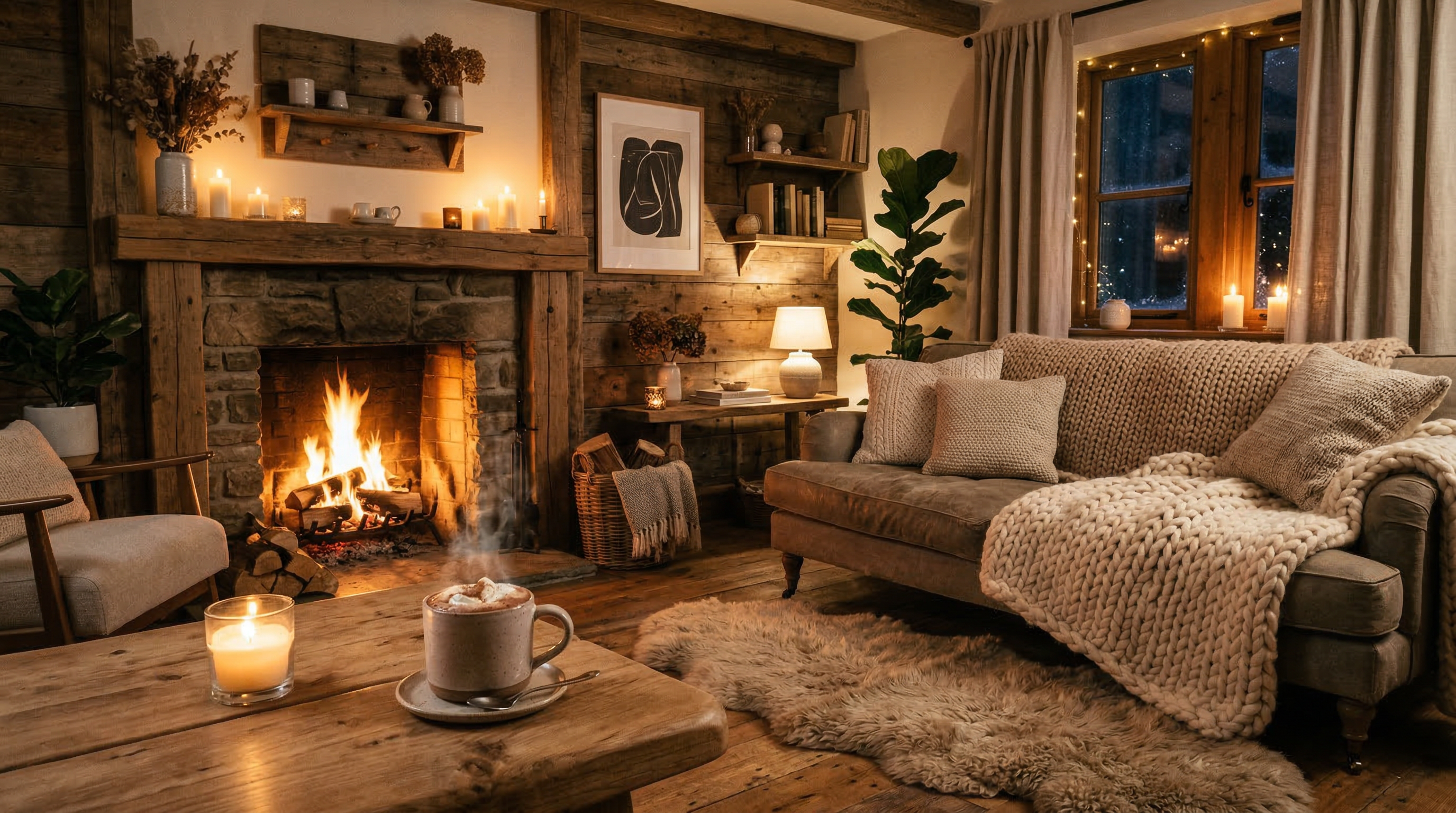 Гостиная в стиле хюгге — свечи, вязаные пледы, камин, тёплое освещение