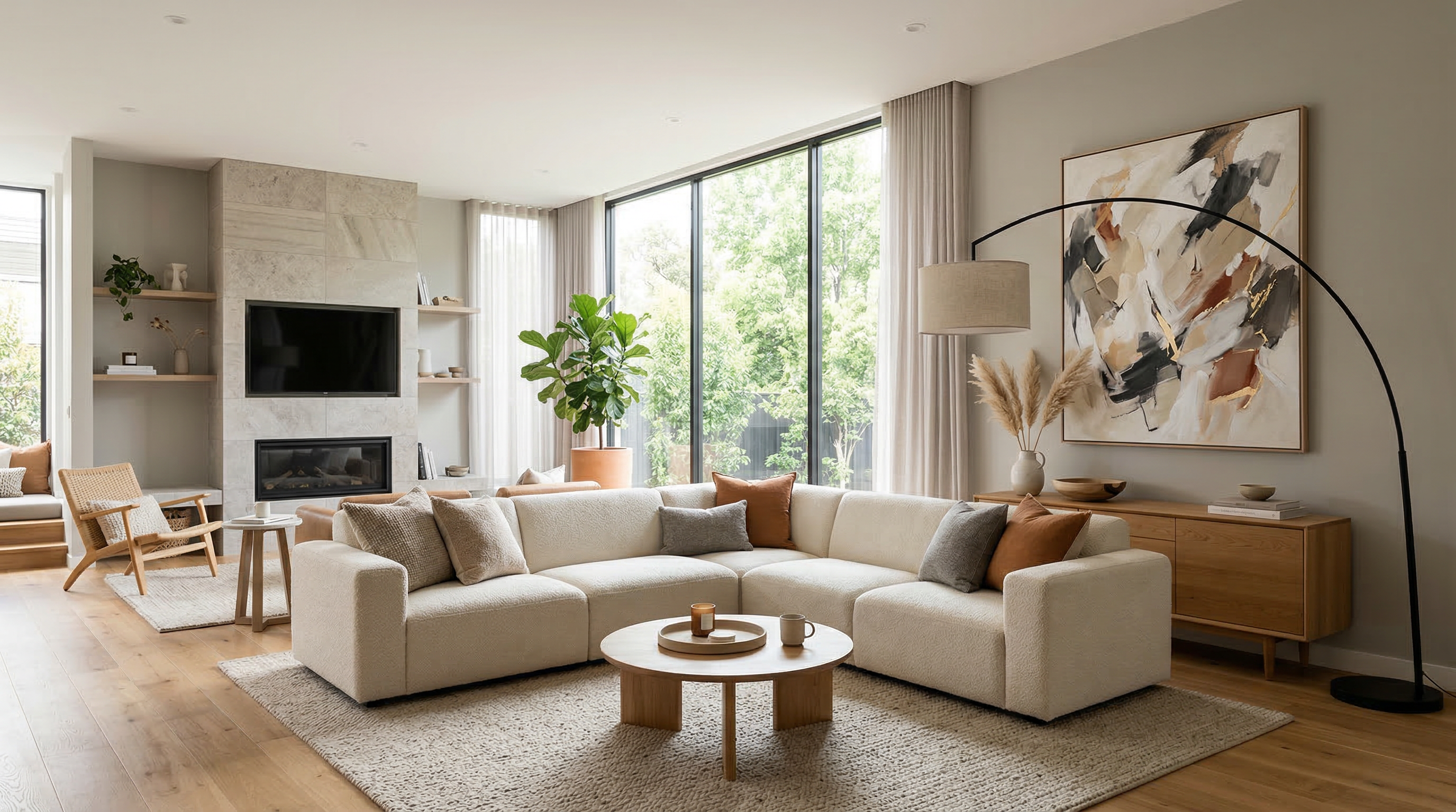 Гостиная в стиле контемпорари — нейтральные тона, чистые линии, функциональная мебель