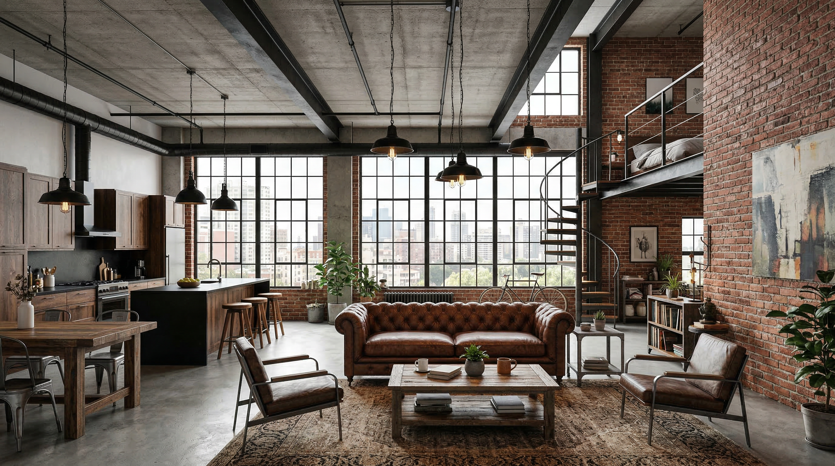 Квартира в стиле лофт — кирпичная стена, бетон, металл, промышленные светильники