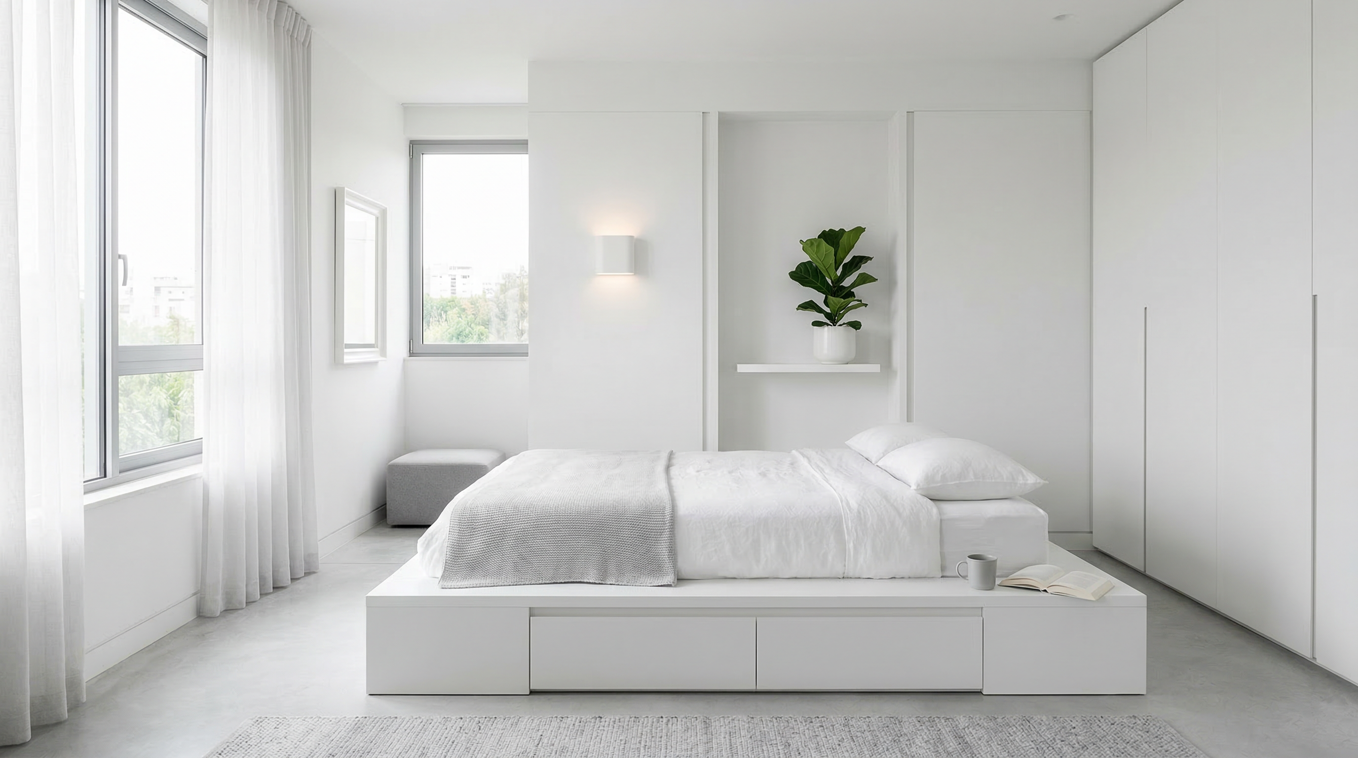Спальня в стиле минимализм — белые стены, платформенная кровать, скрытые системы хранения