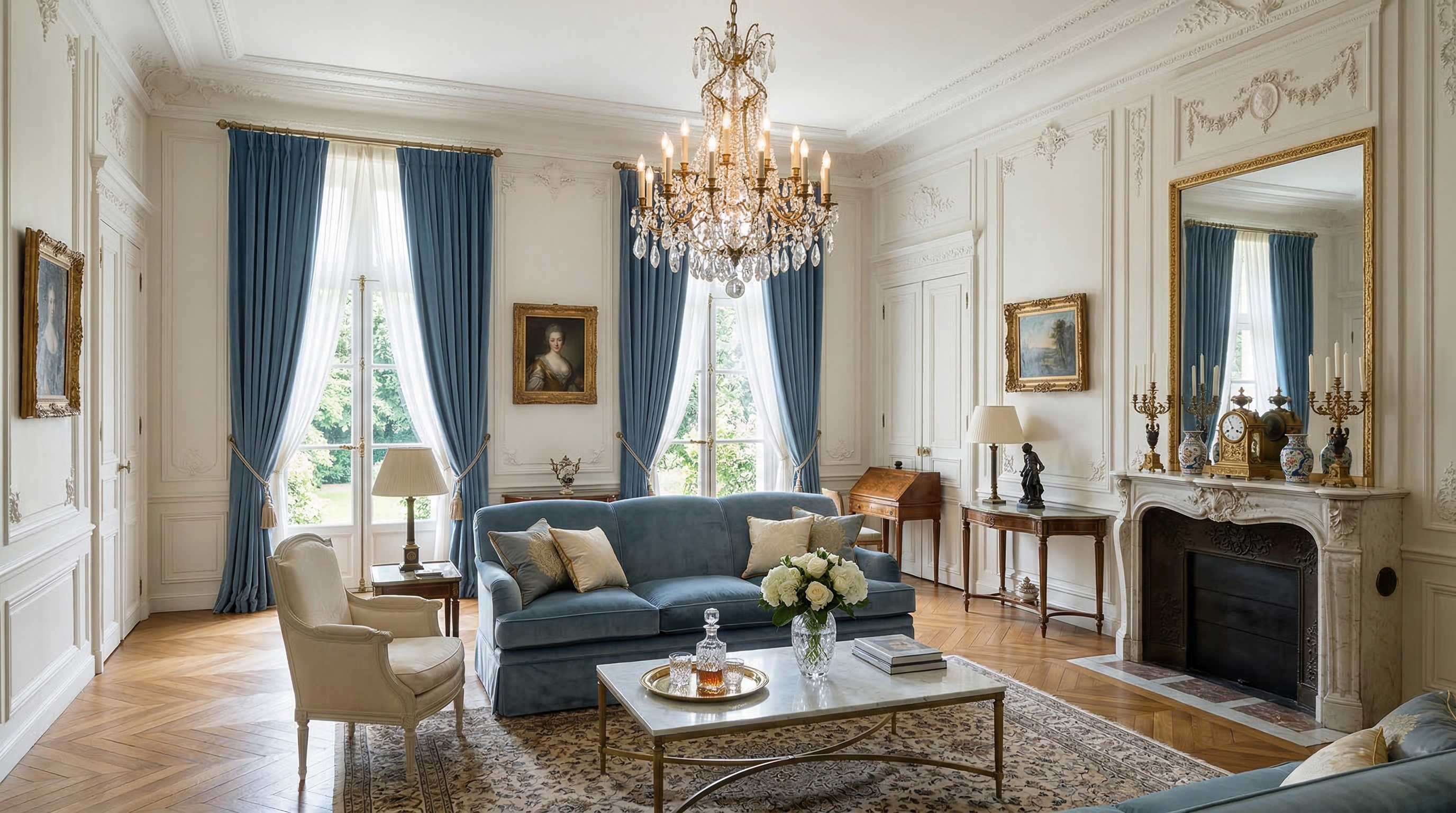 Гостиная в стиле неоклассика — молдинги, хрустальная люстра, велюровый диван