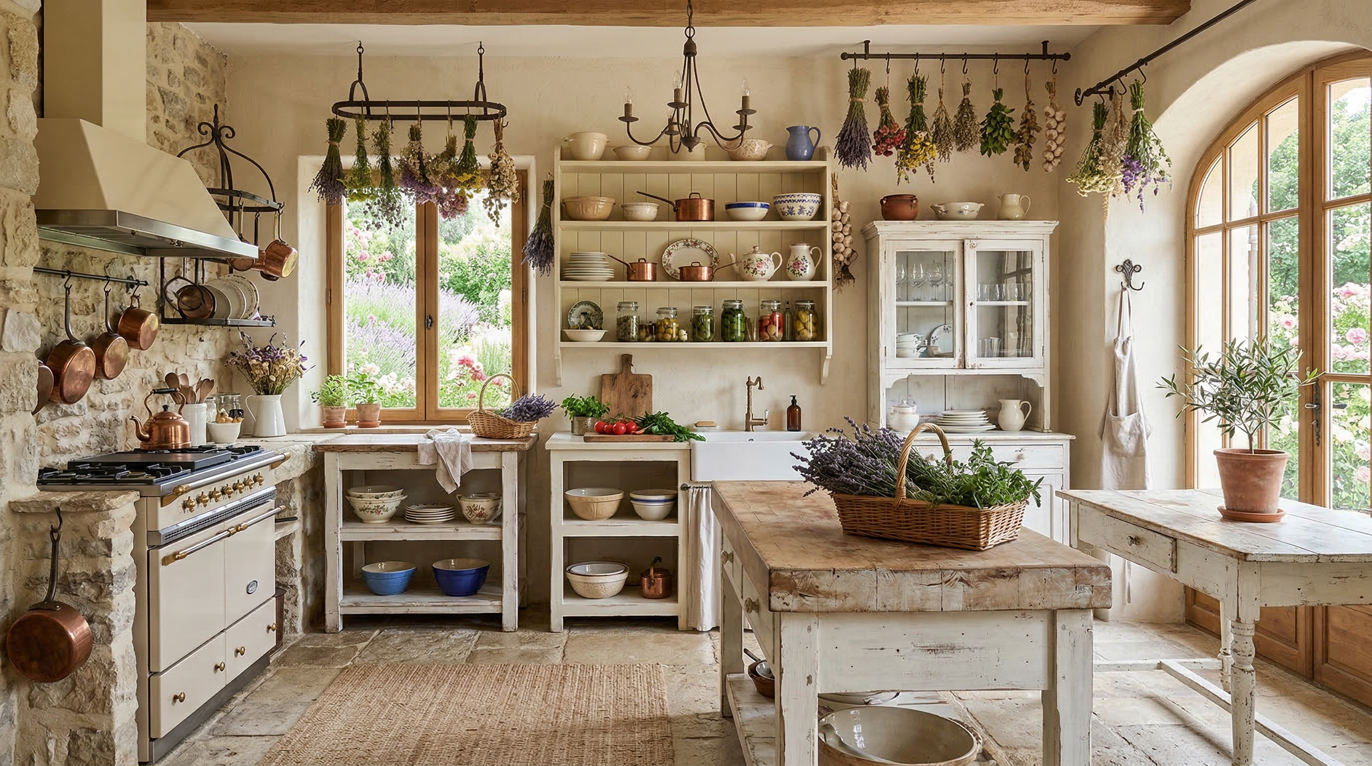 Кухня в стиле прованс — лавандовая палитра, состаренное дерево, керамическая посуда