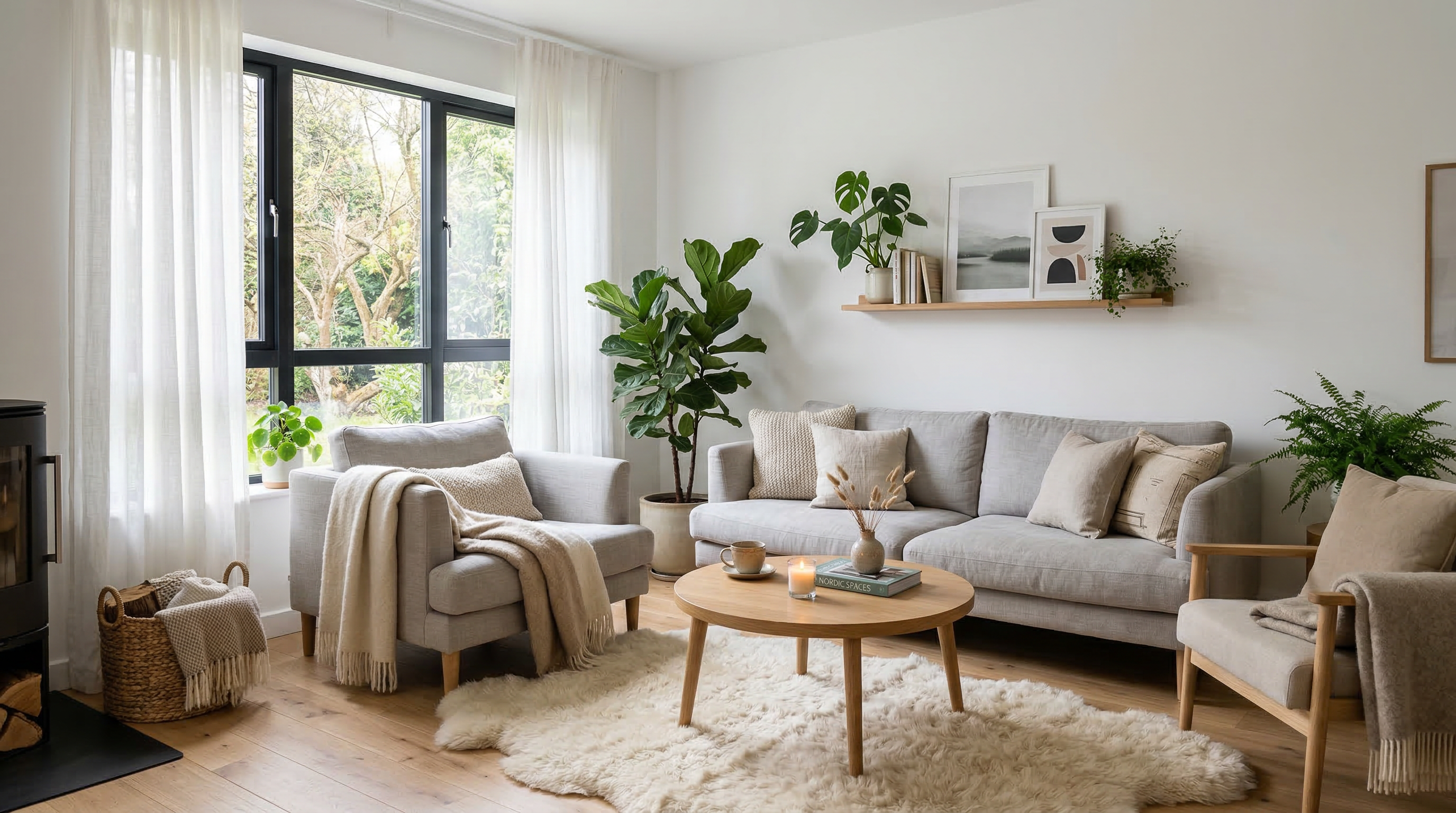 Гостиная в скандинавском стиле — светлое дерево, белые стены, зелень, текстиль