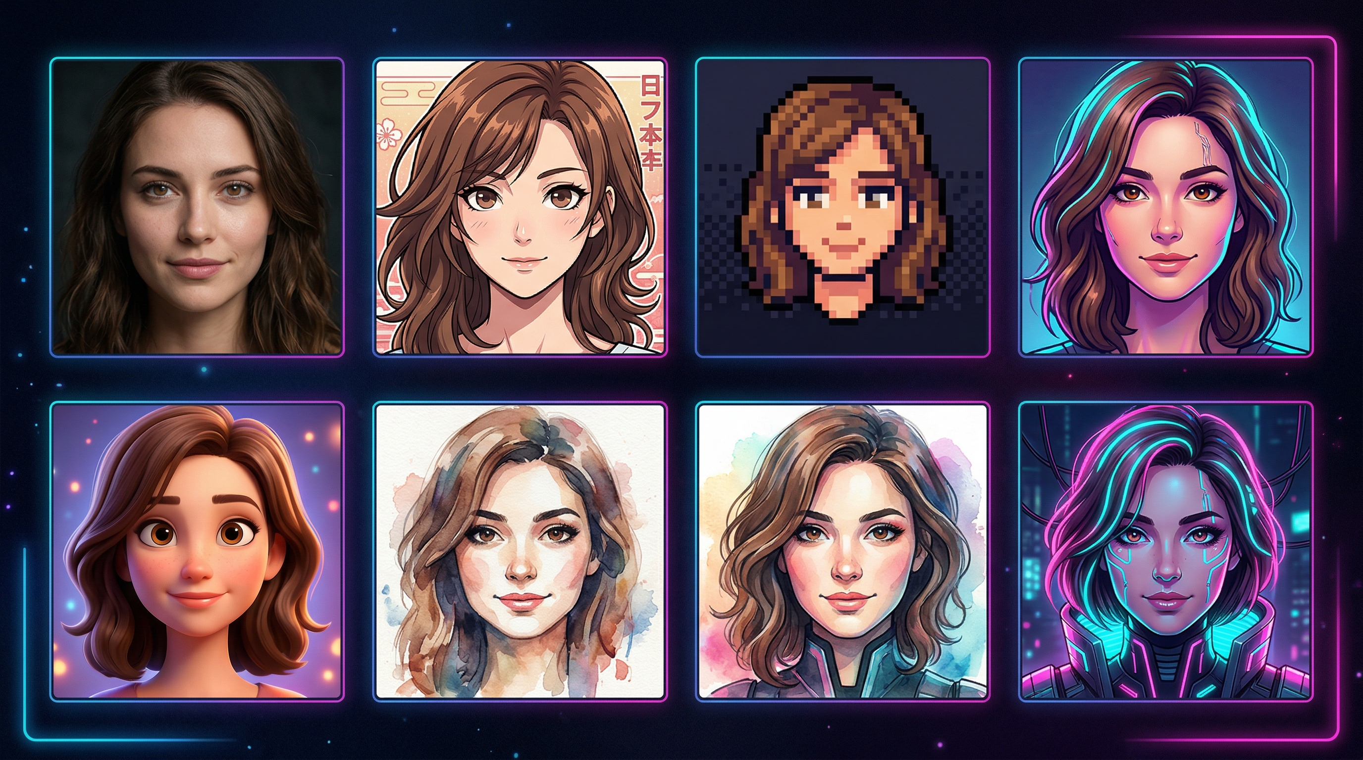 Сетка из 8 аватарок в разных стилях: фото, аниме, пиксель-арт, 3D, акварель, киберпанк