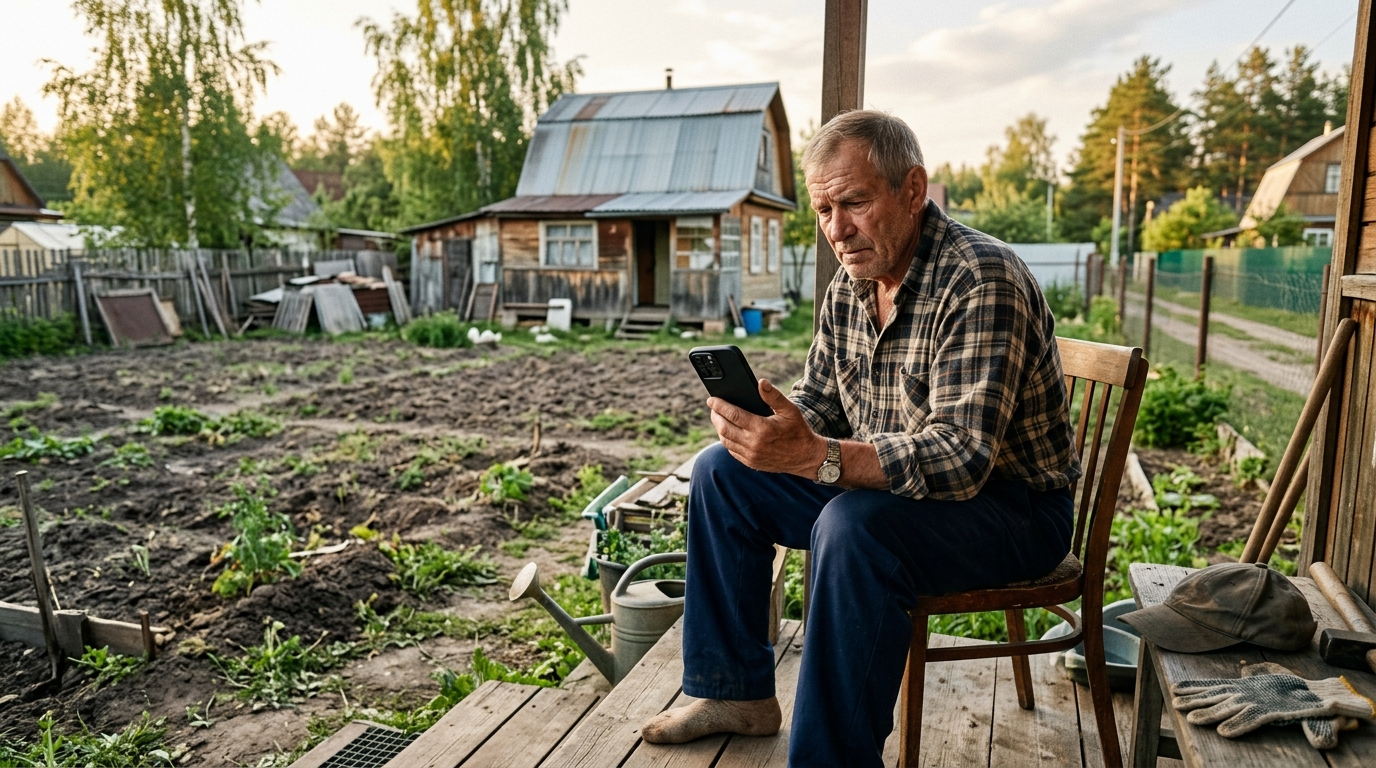Хозяин выбирает стиль участка по визуализации на телефоне, сидя на крыльце.