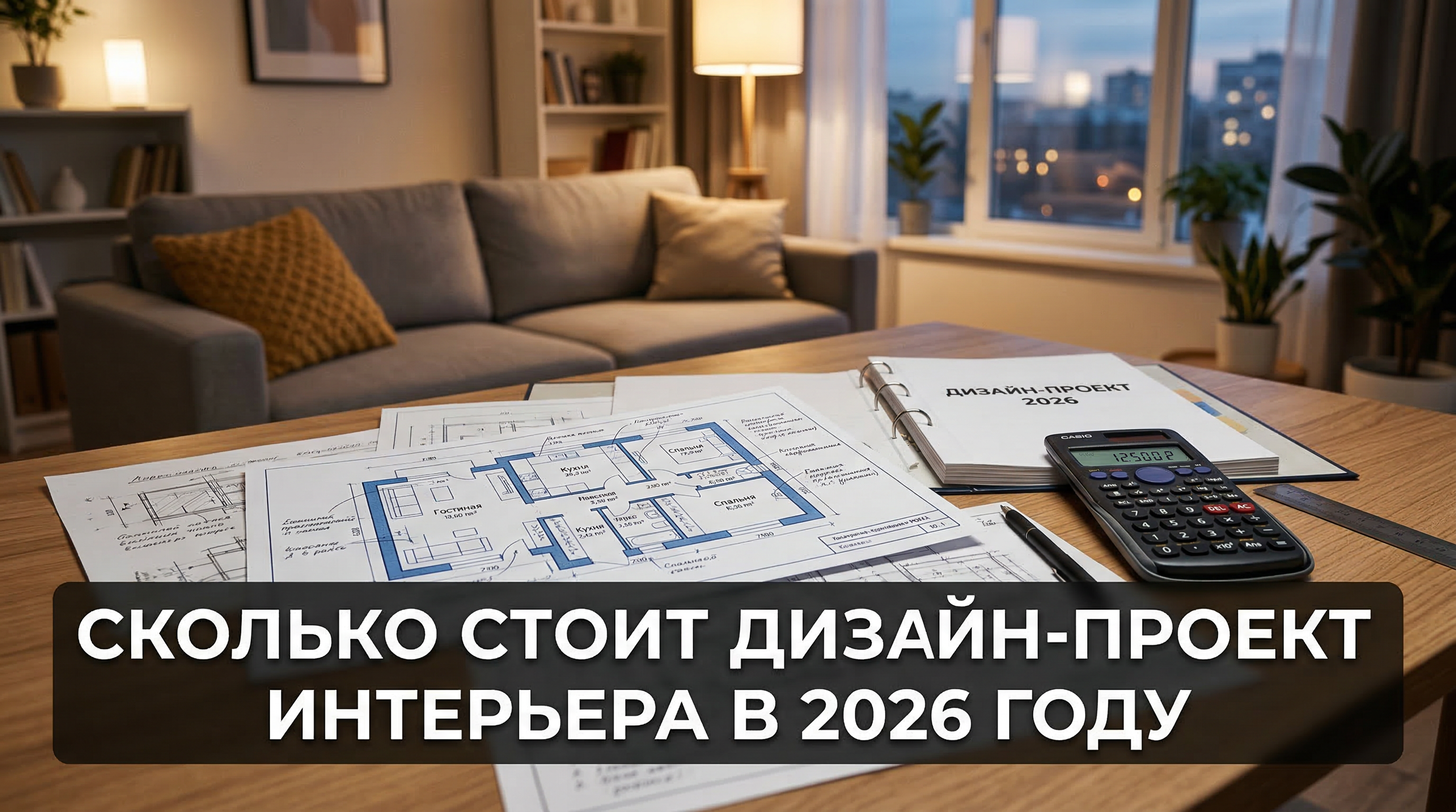 Сколько стоит дизайн-проект интерьера в 2026 году — чертежи и калькулятор на столе