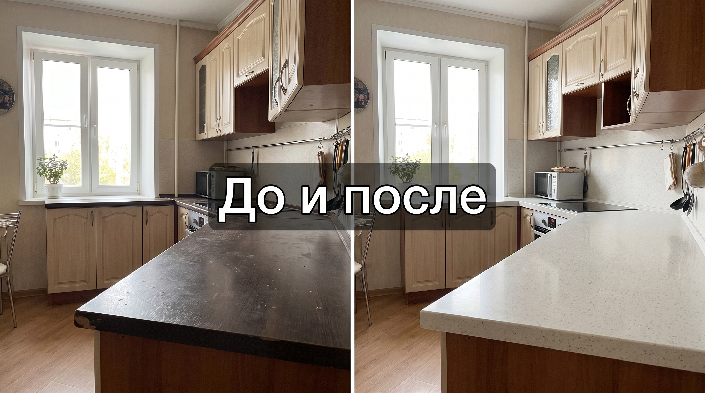 Одна и та же кухня: слева старая тёмная столешница, справа новая светлая