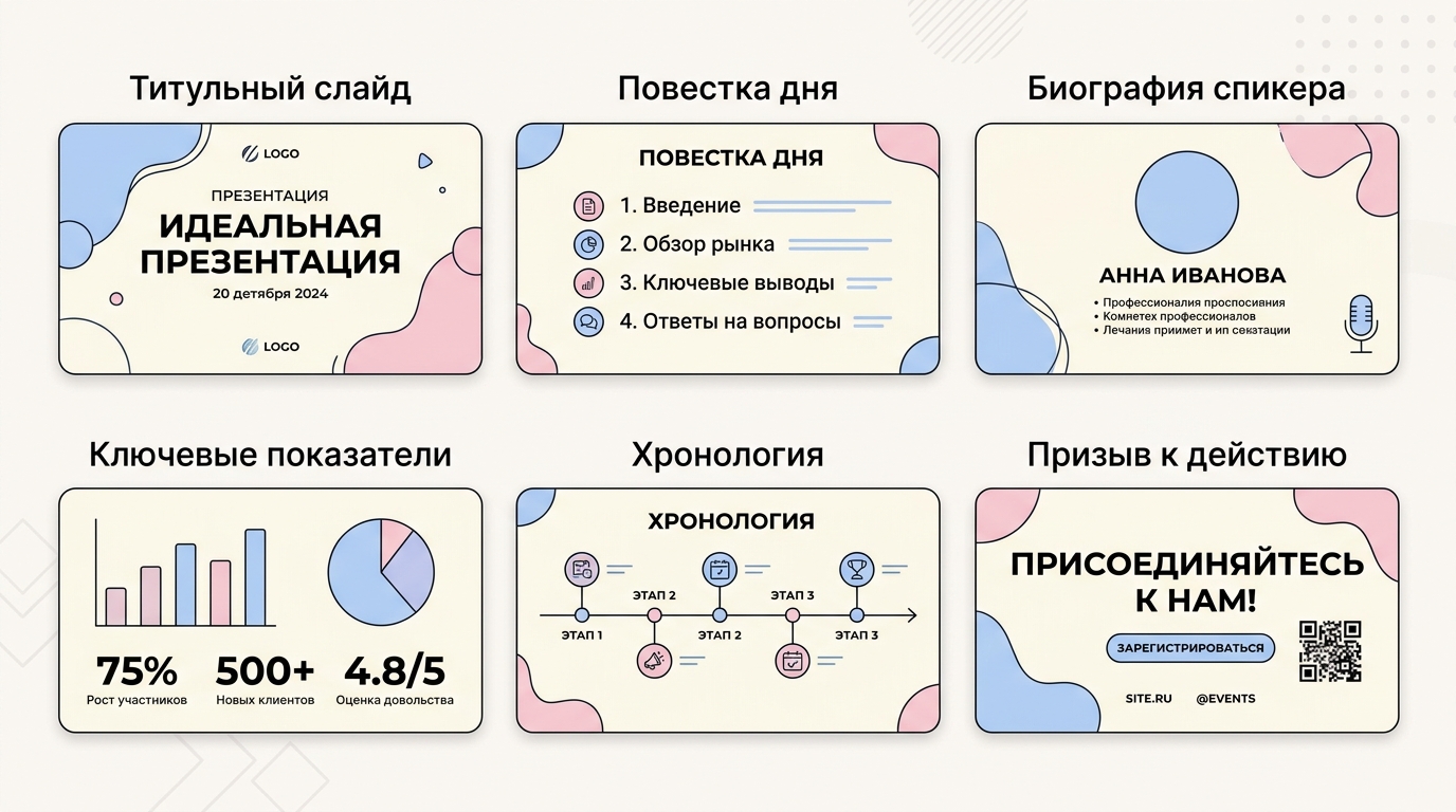 Структура ивент-презентации: 6 типов слайдов — титульный, повестка, спикер, показатели, хронология, призыв к действию